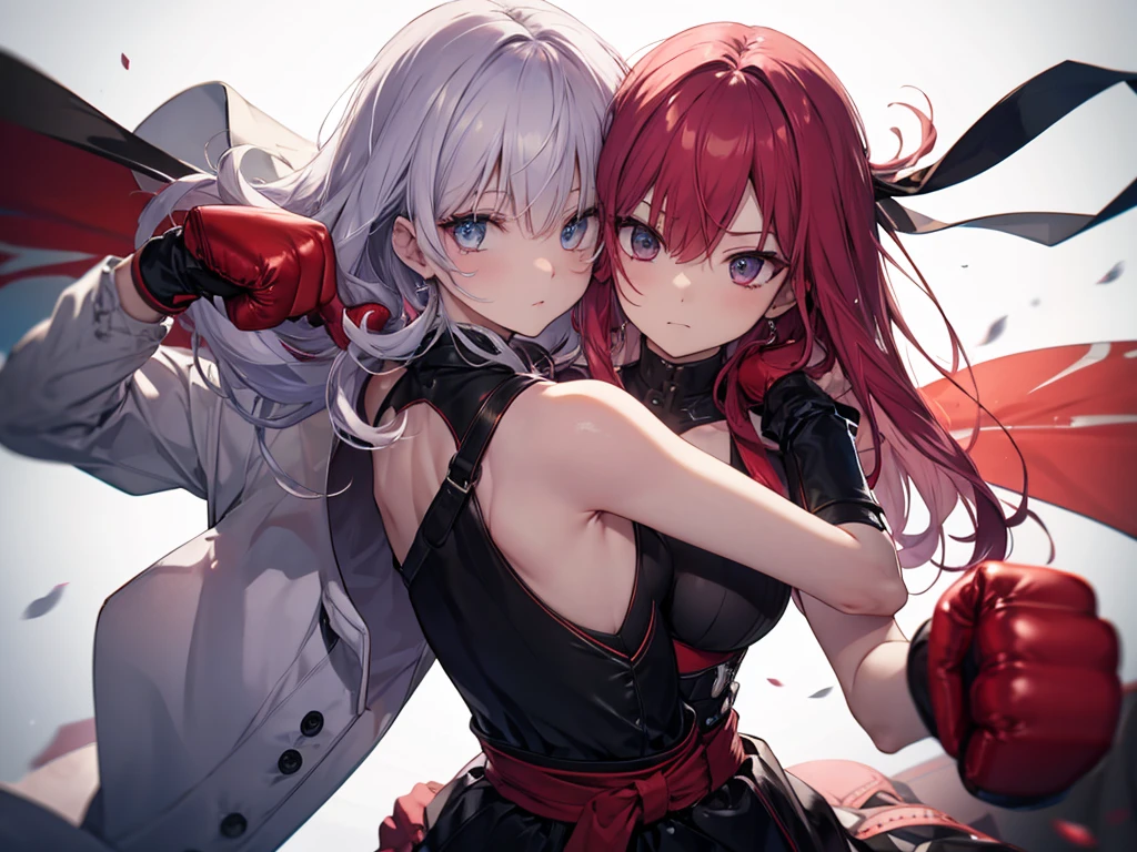 ((Extremely detailed CG unity 8k wallpaper)), masterpiece, exceptional quality, half/half, one side girl with flaming red hair and red eyes, and on the other side girl with white hair and shimmering blue eyes, high contrast surface lighting.