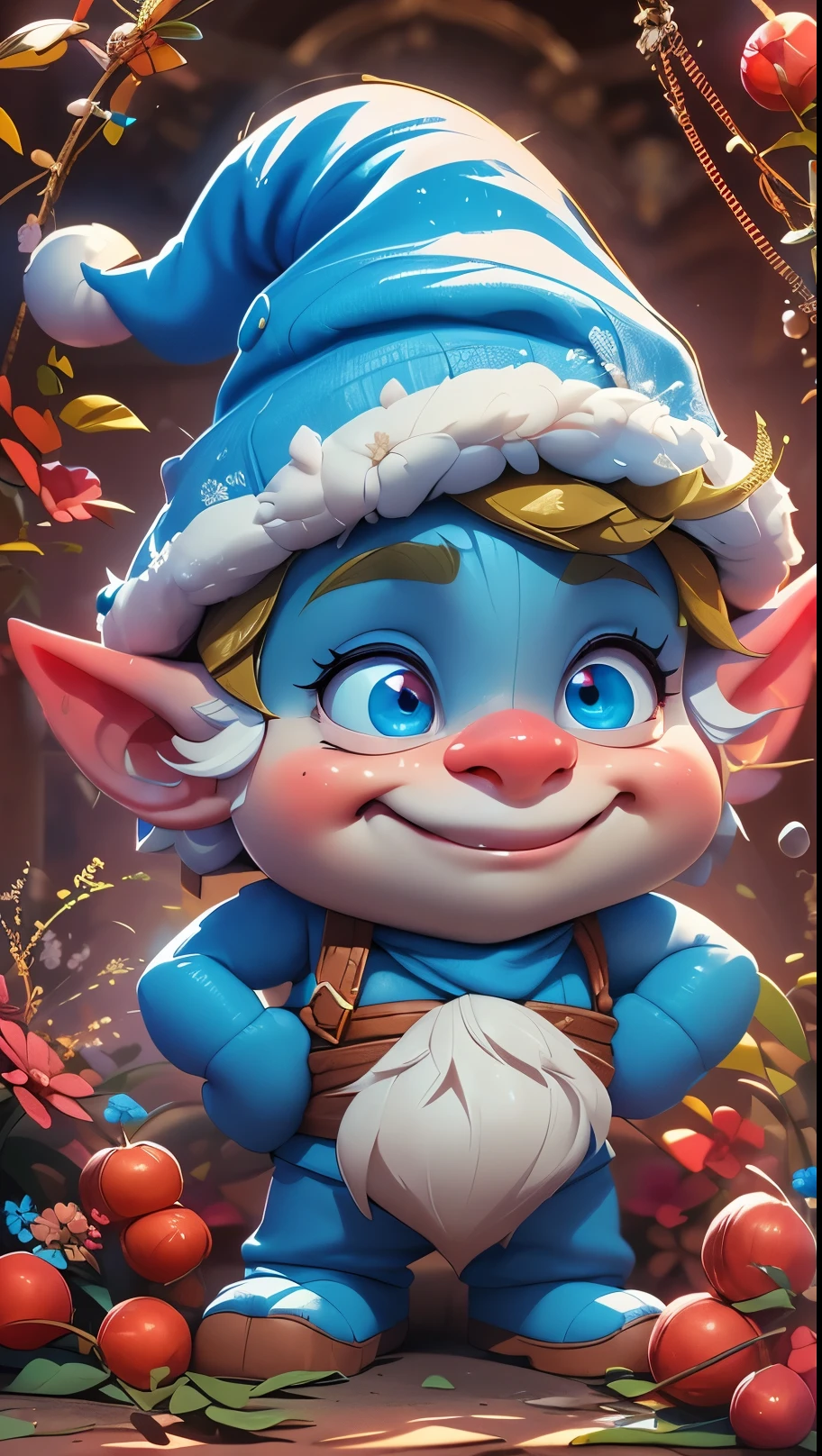 a cartoon gnome with a blue hat and a red nose, cute little troll, elf with blue skin, blue elf, adorable digital painting, smurf, gnome, profile pic, portrait of a gnome called eldon, cute detailed digital art, 8k)), little elf tomboy, cute 3 d render, digital cartoon painting art, cute cartoon characterDisney style, (youth: 1.1), cute boy, detailed eyes, (sunlight: 1.2), bright, soft lighting, shadows, ray tracing, warm color palette, pink tones, pink decorations, high resolution, strong outlines, colorful background, aggressive, beautiful (Illustration: 1.05), (film lighting: 1.1), cool aesthetic, aesthetic style, hard illustration, backwards, 8k, film grain, Kodak Portra 800, f1 .8. Golden hour
