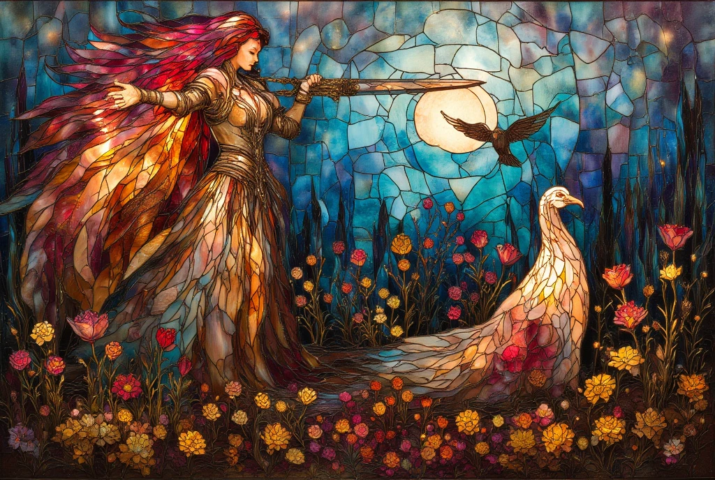 glass,  A solemn scene of a battlefield : a young redhead,  of hair formed by curves of scarlet glass and copper ,  holds a brilliant sword . At your side,  an albino raven made of pearlescent white glass rests ,  while three black crows fly in elegant arches above it .

The soil,  mosaic of yellow flowers intertwined with pools of garnet red ,  contrasts with the figure of a fallen warrior muted shades of white and red. The sky, of deep blue and gray swirls ,  envelops the scene in an atmosphere of melancholic calm ,  each fragment of glass telling a story of loss and connection .