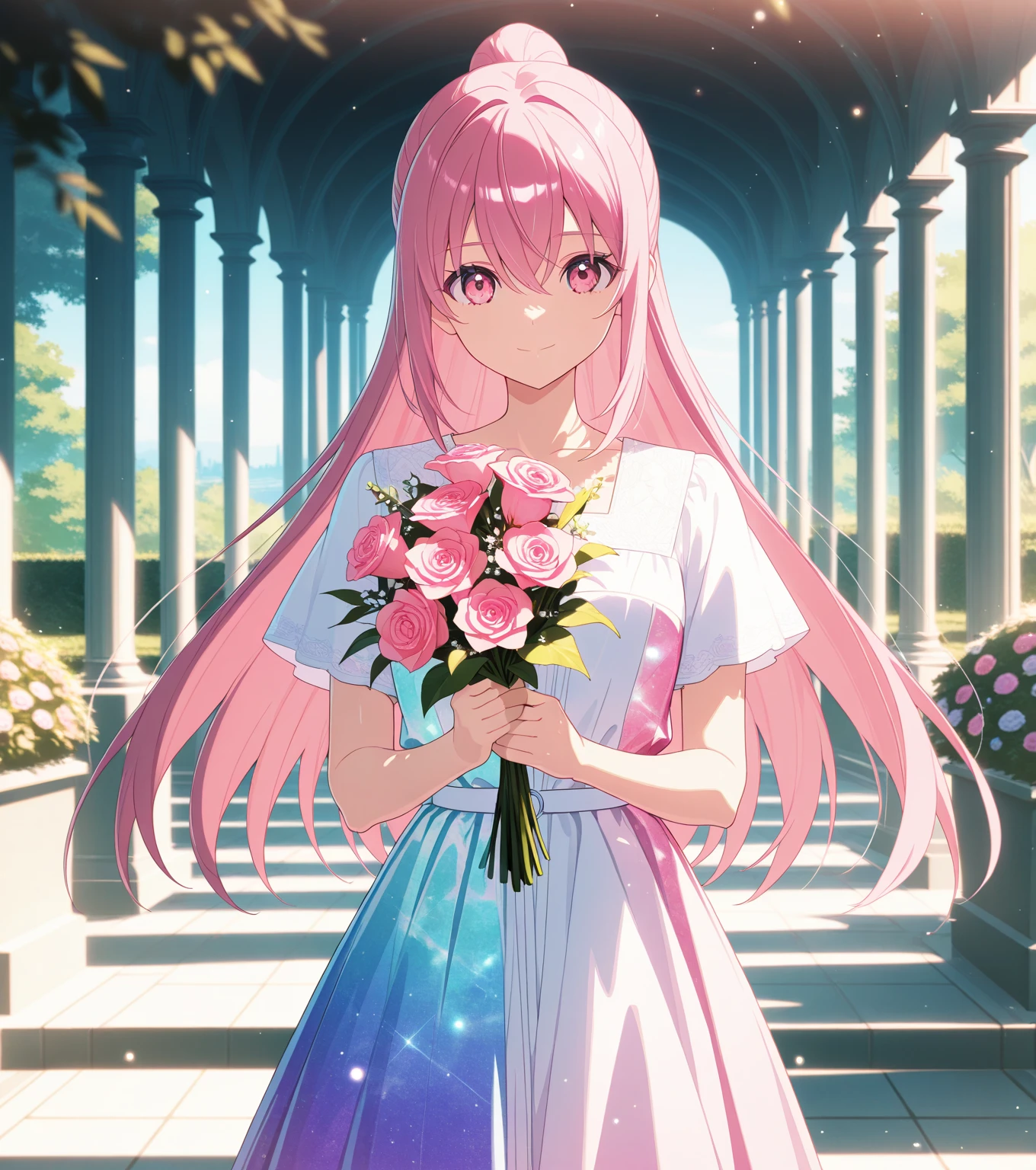 score_9, score_8_up, score_7_up, masterpiece, absurdres, source_anime,safe, rating safe, 1girl, solo, adult, girl focus, adult, very detailed expressive eyes, (very detailed eyes), aesthetic eyes, bright eyes, (bright pink eyes),  pink eyes, beautifully styled hair, very detailed hair, straight hair, bright pink hair, long hair, hair between eyes, (styled ponytail), (slim ponytail), (straight hair), (straight ponytail),styled hair, happy, smiling, looking at viewer, small breasts, shiny skin, healthy skin colour, face focus, perfect face, BREAK
((cosmic printed) summer dress, multicoloured dress), (holding flower bouquet), white-themed temple, garden, half body, cowboy shot, BREAK
HDR, 8K, masterpiece, best quality, amazing quality, very aesthetic, high resolution, ultra-detailed, absurdres, newest, scenery, aesthetic detailed background, very detailed background, best quality, game cg aesthetics, beautiful detailed eyes, detailed skin, detailed hair, light particles,  depth of field, 
(masterpiece), best quality, ultra-detailed, 1024k UHD wallpaper, ultra-high resolution, depth of field, HDR, Ray tracing, RTX, high saturation, photon mapping, best texture quality, best compotitions, (extremely detailed CG 1024k wallpaper), High Details, Detailed face, Detailed Clothes, Perfect Face, expressive eyes, bright colours