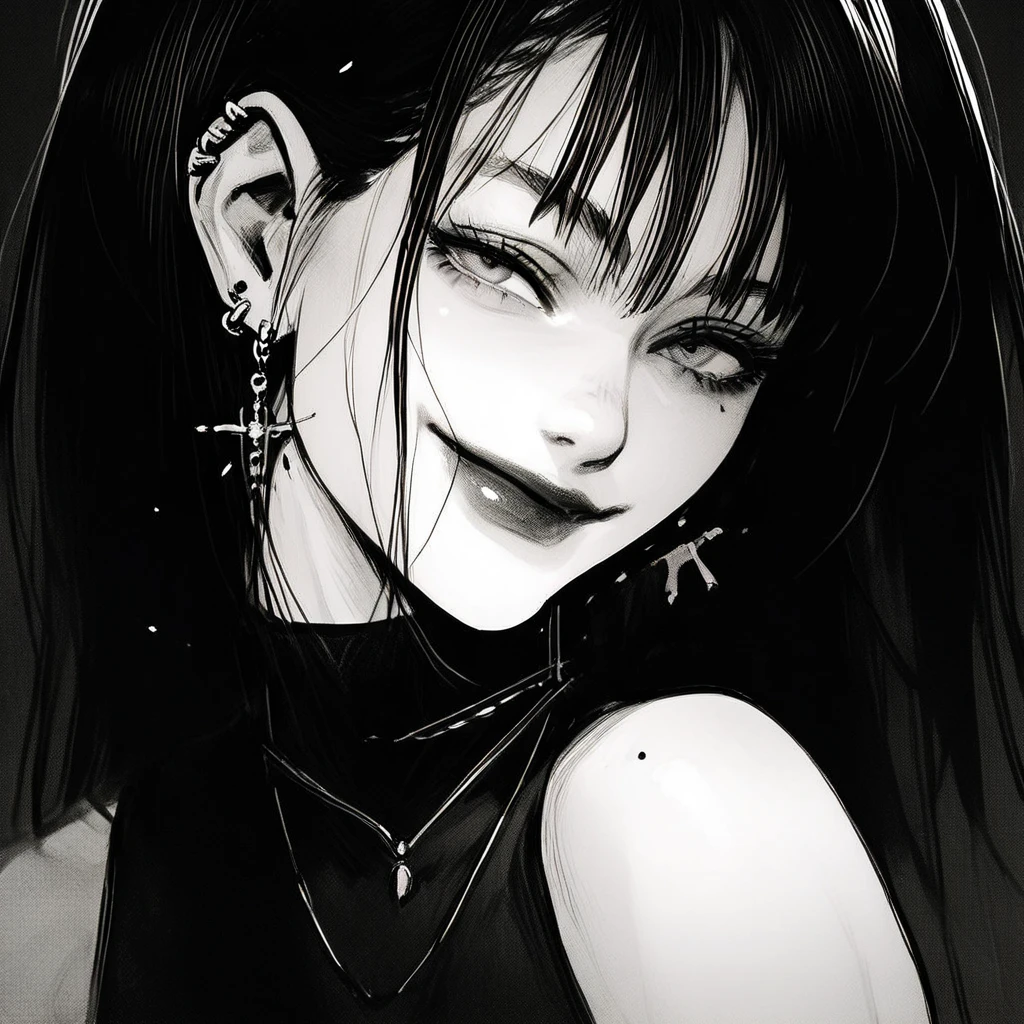 gothic, close-up, black and white, woman ,dark lipstick, eyeliner, ear piercings, dark clothing, fine details, manga art