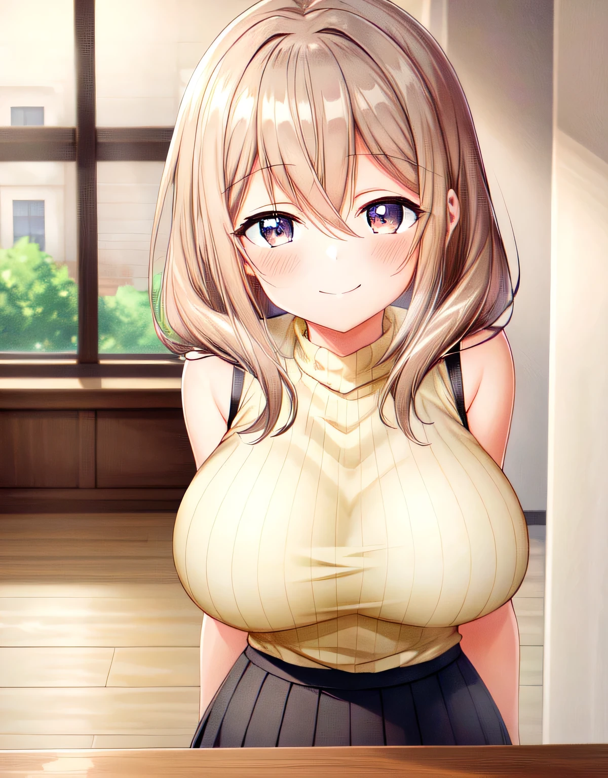 (large breasts:1.55),(shiny,hair),((solo)),((masterpiece)),((best quality)),perfect anatomy,slim waist,perfect image,8k UHD,(beautiful detailed eyes:1.5),extremely detailed face,standing,(upper body:1.2),(look at the front:1.5),(arms behindback),ultra-detailed,absurdres,ultra-highres,Shiori_Katase,brown hair,brown eyes,yellow eyes,indoor room,blush,smile,closed mouth,sleeveless,ribbed sweater,skirt,indoor room,