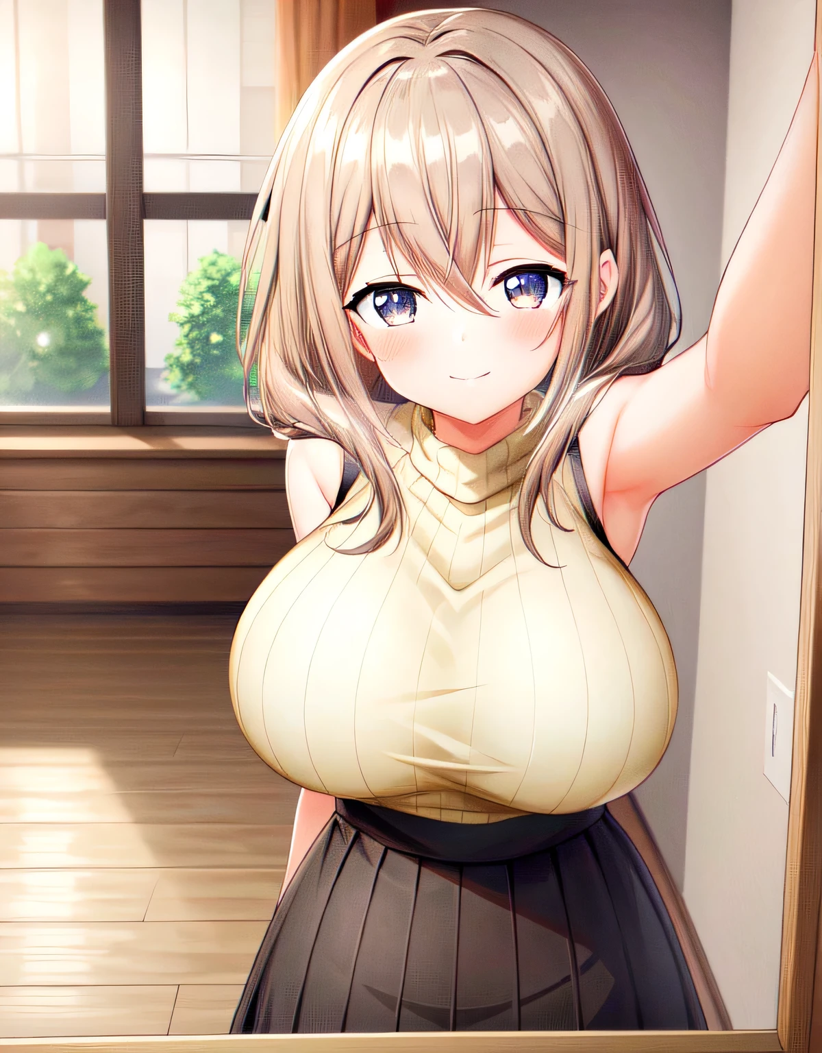 (large breasts:1.55),(shiny,hair),((solo)),((masterpiece)),((best quality)),perfect anatomy,slim waist,perfect image,8k UHD,(beautiful detailed eyes:1.5),extremely detailed face,standing,(upper body:1.2),(look at the front:1.5),(arms behindback),ultra-detailed,absurdres,ultra-highres,Shiori_Katase,brown hair,brown eyes,yellow eyes,indoor room,blush,smile,closed mouth,sleeveless,ribbed sweater,skirt,indoor room,