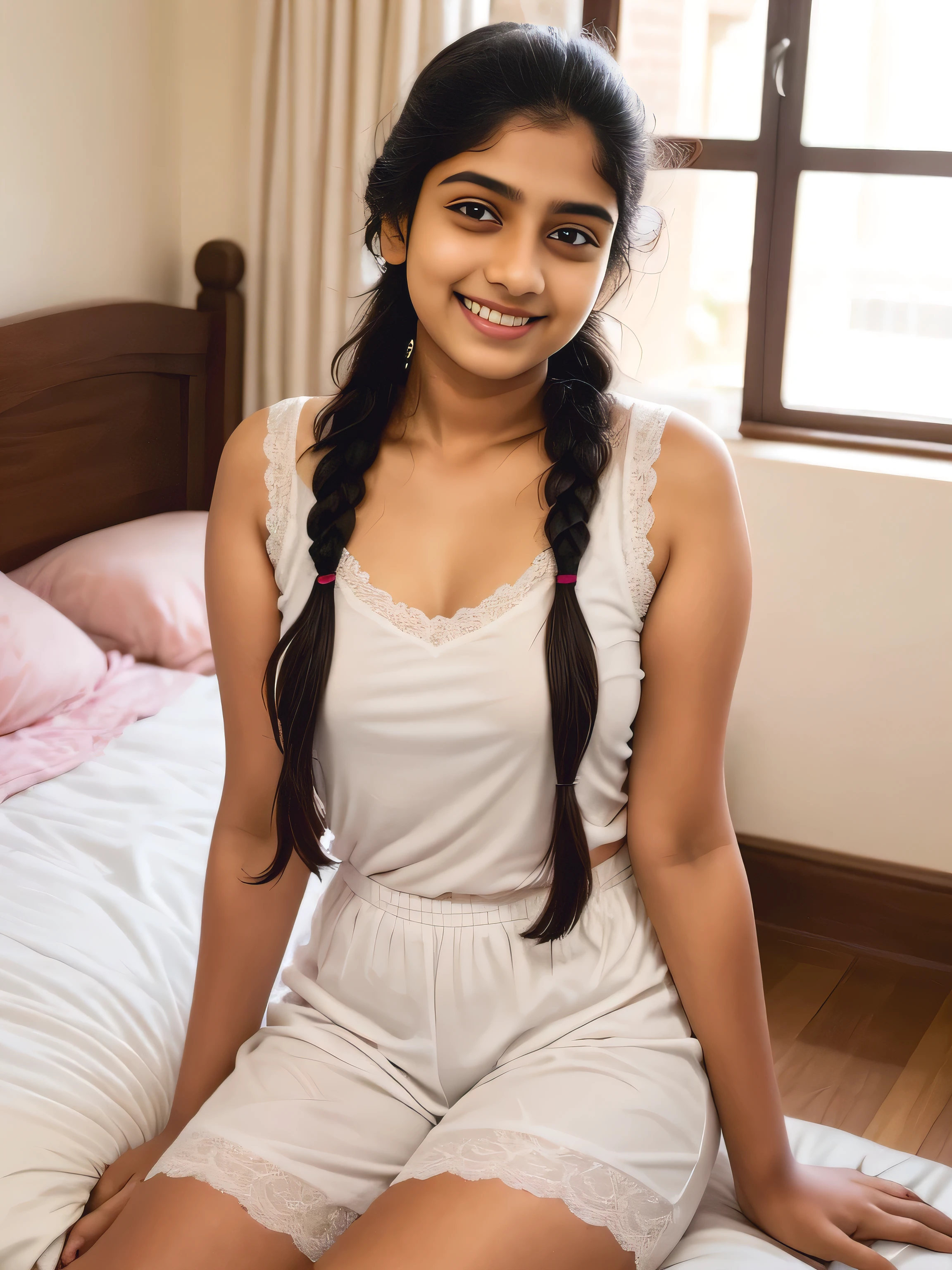 indian girl, wearing white clothes , in the bedroom, full body , wide, braided hair with plait , (chubby), photorealistic, detail, skin texture, super detail, delicate and sexy collarbone, smile