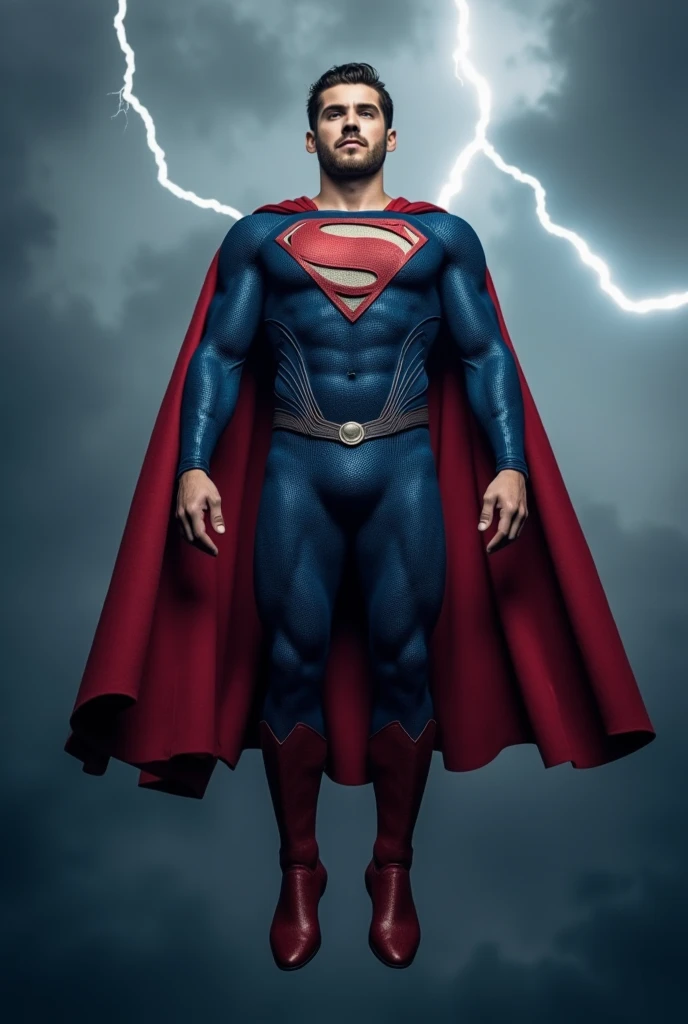 Cody Christian with an undercut haircut combed back, short beard, dressed in a clasic blue Superman costume, The suit includes a flowing red cape and red superhero boots, he is floating in the air, arms down, superman pose, superman, superman costume, superman is high, super high resolution, superhero body, The background is intense, with Dark clouds lightning, Cody Christian as superman