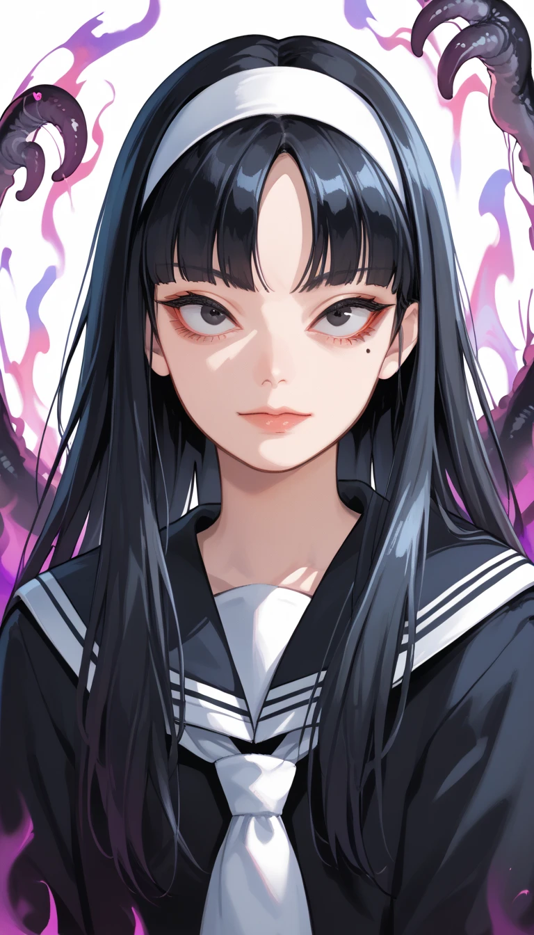 Score_9, score_8_up, score_7_up, score_6_up, source_anime, rating:general, 1girl, gothic girl, pale white skin, black eyes, black hair, long hair, blunt bangs, parted bangs, white hairband, mole under left eye, portrait, sailor suit school uniform, head tilt, sultry look, mysterious, 8k quality, vivid colors, perfect lighting, perfect shadowing, SmokeyAura, Aura, Smoke, eldritch, lovecraftian, mysterious, facing viewer