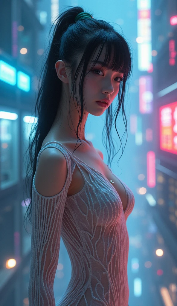 Best image quality, Masterpiece, Ultra-high resolution, (Fidelity:1.4), Photo, Movie, ((cyber punk girl in cyberpunk laboratory)), Mila Kunis, extremely detailed face, black wavy hair with blue and purple neon lighting, (legs spread), cyber outfit, android parts, robot arms, (cowboy shot)), Futuristic, ((Award-winning ultra-realistic photos)),(Hyper-detailing),(Complicated details),(High resolution CGI artwork 8k), Futuristic style, colorful LED lights, depth of field,create depth with atmospheric lighting,wide wide shot,use atmospheric and volumetric lighting to enhance cityscape detail,illuminated by neon lights, Pastel textured colored background, Colourful, vibrant, ((((NSFW))))