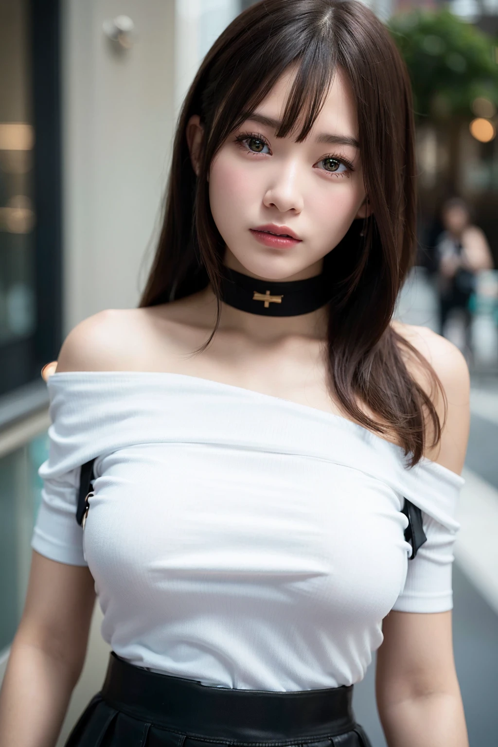 best quality, ultra high res, (photorealistic:1.4), 1girl, off-shoulder white shirt, black tight skirt, black choker, (faded ash gray hair:1), (huge breasts:1.2), looking at viewer, closeup 