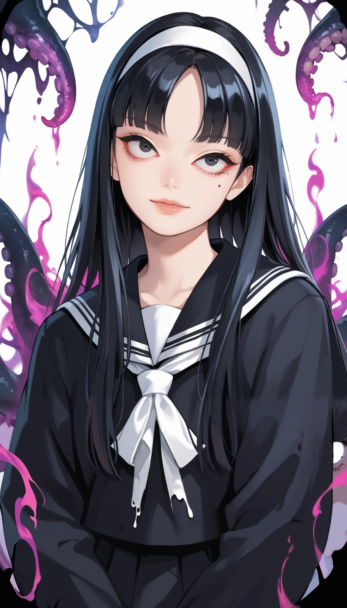 Score_9, score_8_up, score_7_up, score_6_up, source_anime, rating:general, 1girl, gothic girl, pale white skin, black eyes, black hair, long hair, blunt bangs, parted bangs, white hairband, mole under left eye, portrait, sailor suit school uniform, head tilt, sultry look, mysterious, 8k quality, vivid colors, perfect lighting, perfect shadowing, SmokeyAura, Aura, Smoke, eldritch, lovecraftian, mysterious, facing viewer