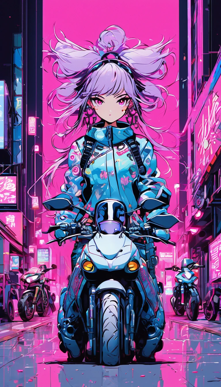   masterpiece,   better quality, 1 cyberpunk girl,  full body shot , standing in front of the motorcycle,   looking at the spectator,  Self-confident cyberpunk girl with mischievous expression,  Harajuku inspired pop outfit , Bright colors and patterns  , Striking accessories, Modern and innovative hairstyle , Vibrant Makeup, Cyberpunk dazzling cityscape,   skyscraper, neon signs, luces led,   Bright and vivid color scheme ,   animated,   illustration,   detailed skin texture  ,   detailed texture of the fabric  ,   beautiful detailed face ,   intricate details  ,   ultra detailed .