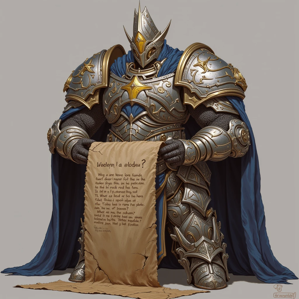 w3r, isometric,  young big paladin guard holding a old paper page with text "Warcraft 4 when?", the text on paper is handwritten scribble, he is wearing a mix of chainmail and plate silver armor with golden edges, also he is wearing blue tabard with yellow logo over armor and cape, helmet with cutout for face, massive asymmetrical shoulder pads, heavy boots,  full body, simple background  