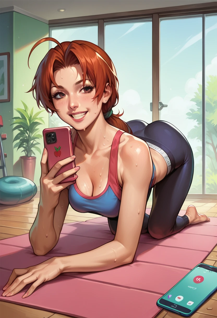 score_9, score_8_up, score_7_up, source_anime, Delia Ketchum, 1girl, mature female, , ahoge, naughty smile, sports bra, yoga leggings, indoors, modeling pose, cellphone, taking selfie, sweating, realistic, ass, feet
