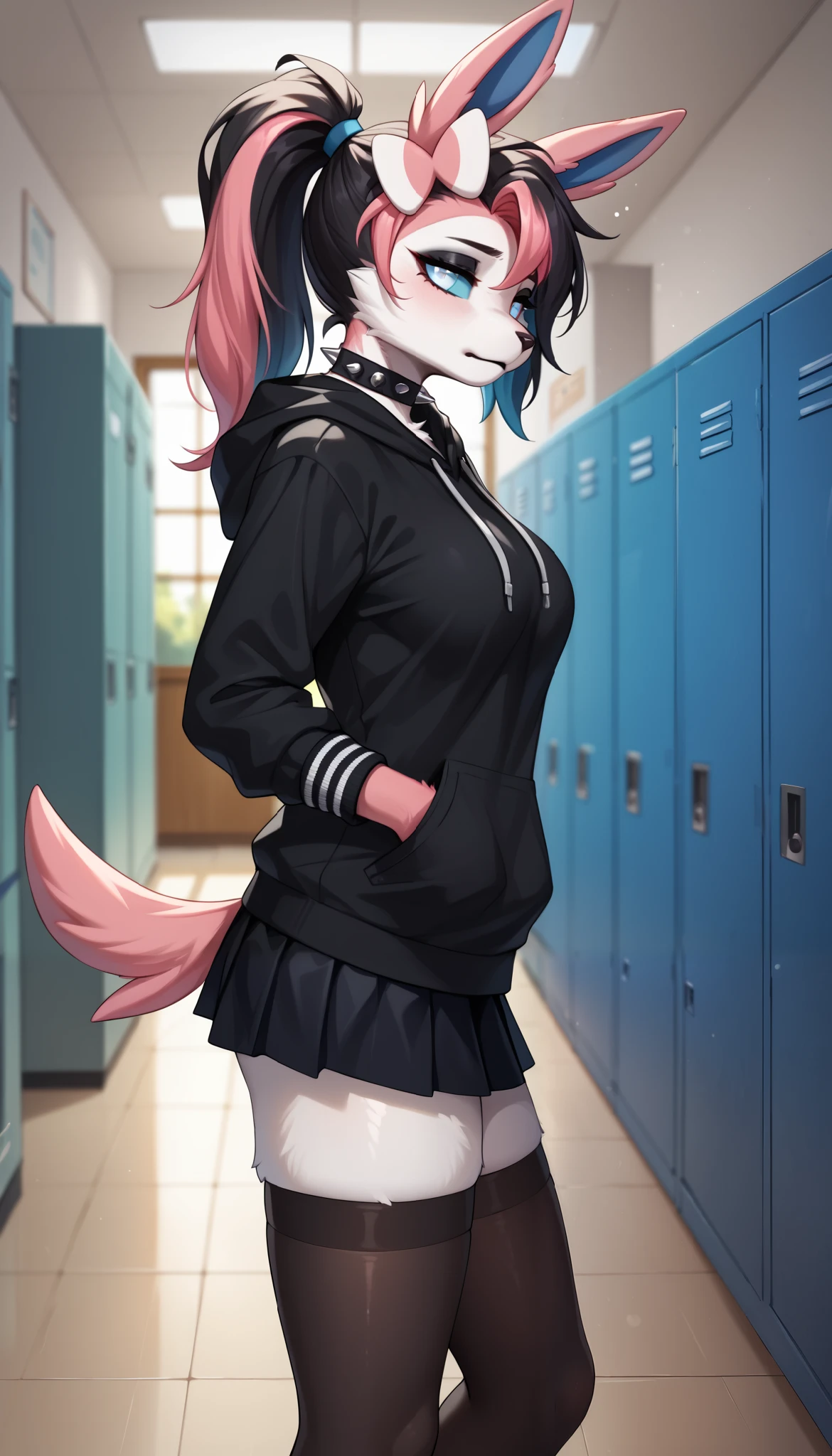 score_9, score_8_up, score_7_up, source_anime, source_furry, (beautiful, detailed background, digital artwork, digital art, well shaded artwork, depth, detailed artwork)1.2, 1girl, female, furry, anthro, Sylveon, school setting, school hallway, locker, medium breasts, natural breasts, thighs, black hair, (pink highlights), long hair, messy hair, white eyes, cyan sclera, black oversize hoodie, (black stockings with white stripes), black spiked wristband, black spiked choker, black skirt, emo girl, tired eyes, depressed, black eyeshadow, black lips, ponytail, sunset, hands in both pockets, side view, looking at the viewer, head tilt, indifferent, apathetic expression, half-closed eyes, Sylveon tail