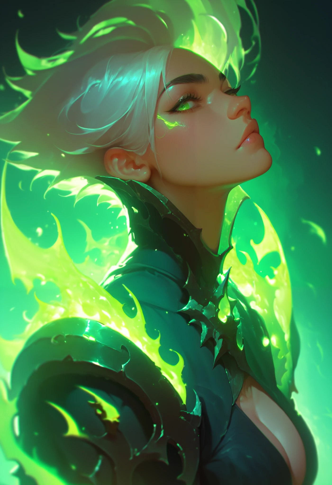 1girl, evil necromancer, solo, black robe, silver hair, black eyebrows, green eyes, green flames, dark background, cinematic shot, wallpaper, masterpiece, best quality, good quality, newest, ultra quality, high detailed