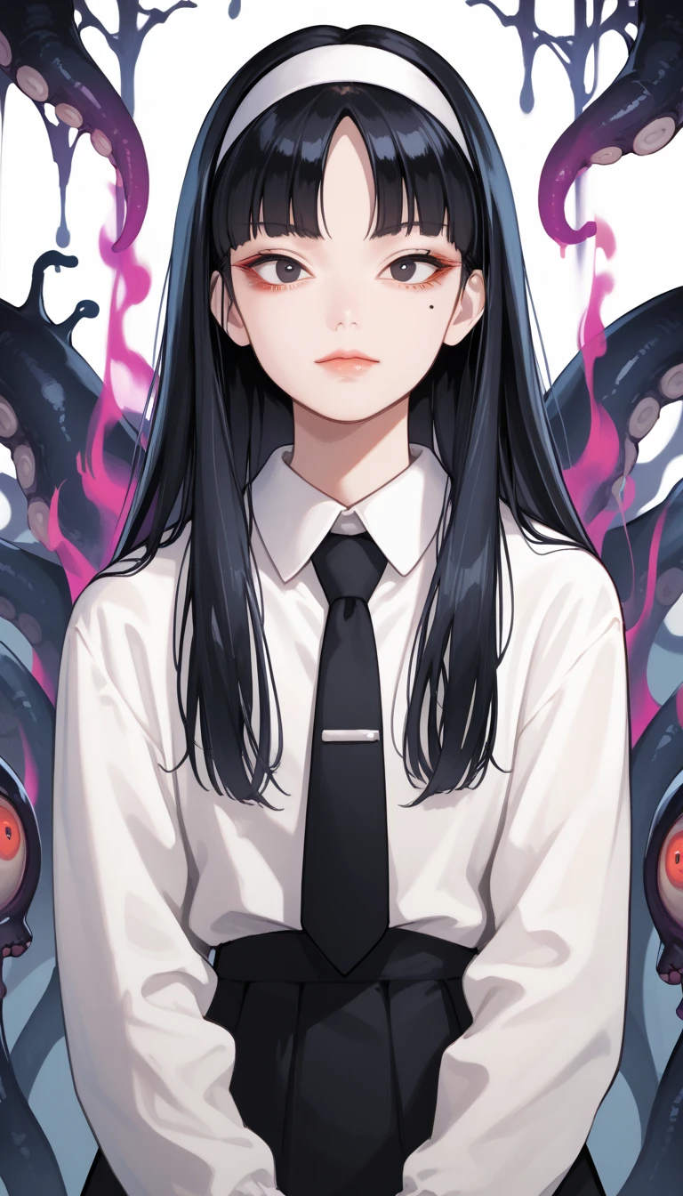 Score_9, score_8_up, score_7_up, score_6_up, source_anime, rating:general, 1girl, gothic girl, pale white skin, black eyes, black hair, long hair, blunt bangs, parted bangs, white hairband, mole under left eye, portrait, white shirt, black tie, school uniform, head tilt, sultry look, mysterious, 8k quality, vivid colors, perfect lighting, perfect shadowing, SmokeyAura, Aura, Smoke, eldritch, lovecraftian, mysterious, facing viewer