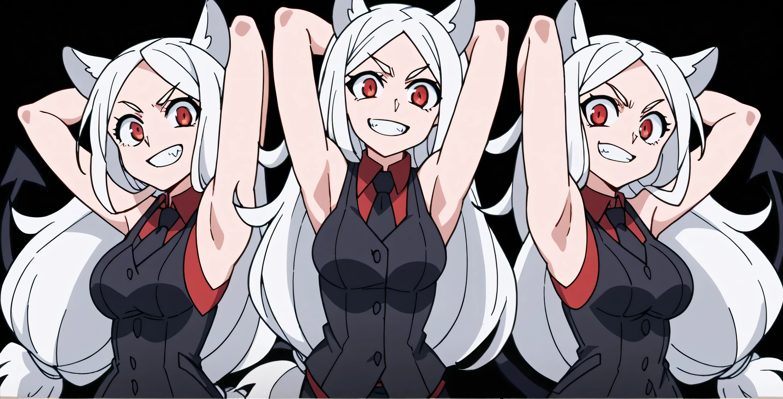 score_9, score_8_up, score_7_up, source_anime, anime screencap, 3girls, cerberus \(helltaker\), white hair, long hair, red eyes, dog ears, demon tail, red shirt, sleeveless, black necktie, black vest, arms behind head, bare shoulders, bare arms, armpits, looking at viewer, head towards viewer, smile, clenched teeth, badhandv4, black background 