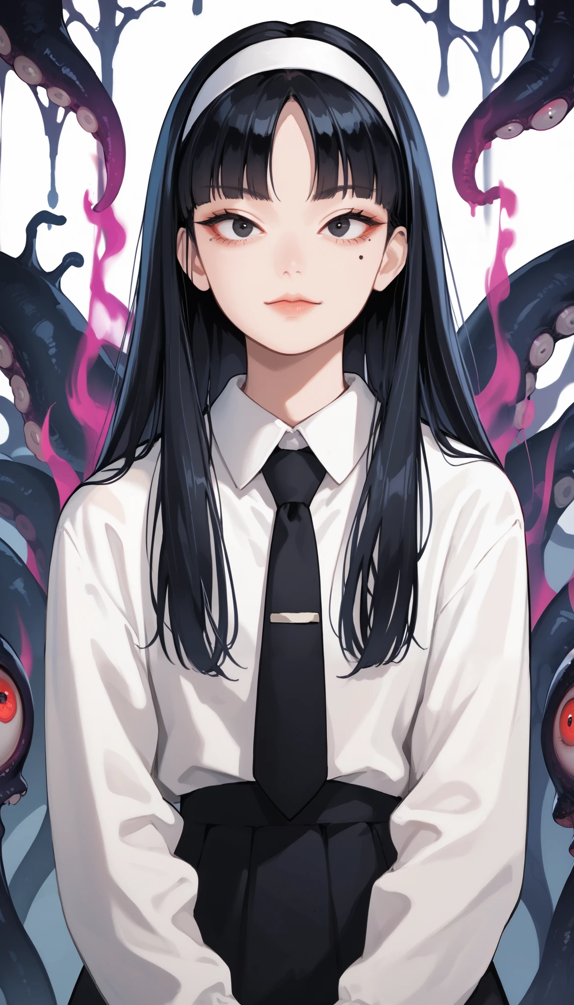 Score_9, score_8_up, score_7_up, score_6_up, source_anime, rating:general, 1girl, gothic girl, pale white skin, black eyes, black hair, long hair, blunt bangs, parted bangs, white hairband, mole under left eye, portrait, white shirt, black tie, school uniform, head tilt, sultry look, mysterious, 8k quality, vivid colors, perfect lighting, perfect shadowing, SmokeyAura, Aura, Smoke, eldritch, lovecraftian, mysterious, facing viewer