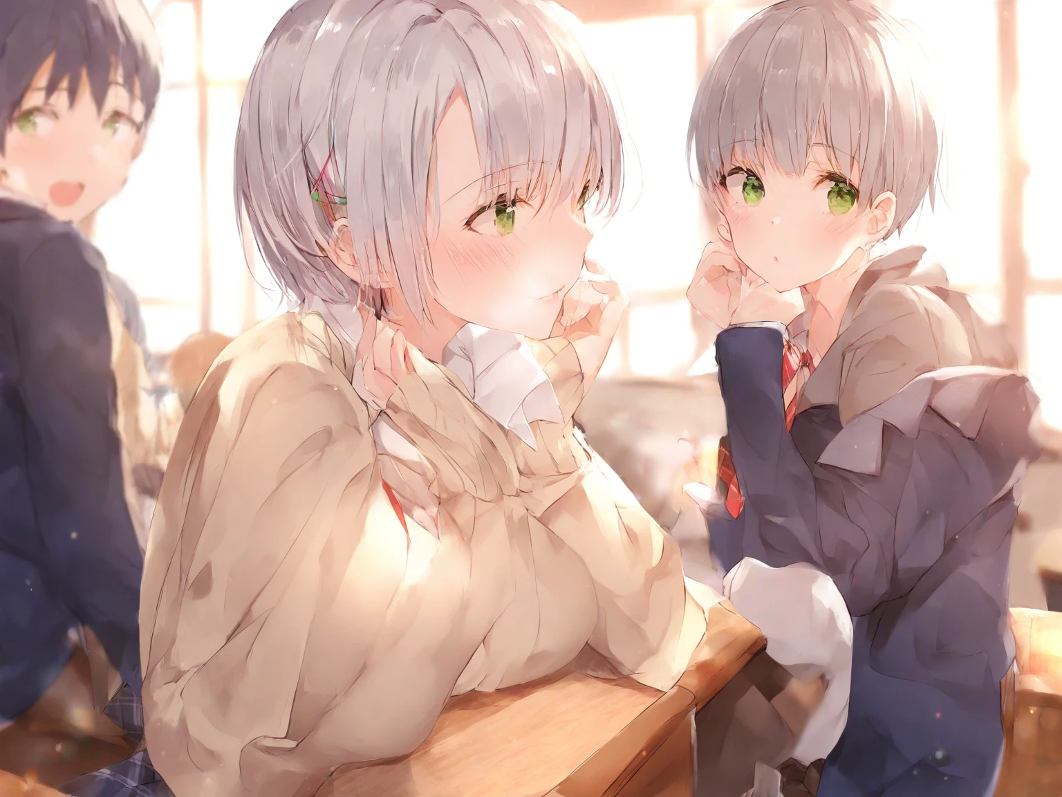  silver hair short hair、 high school girl wearing a beige cardigan who is leaving school with her boyfriend、 green eyes、Height: 150cm、Breasts are about D cup、Waiting for my boyfriend at my desk in the classroom