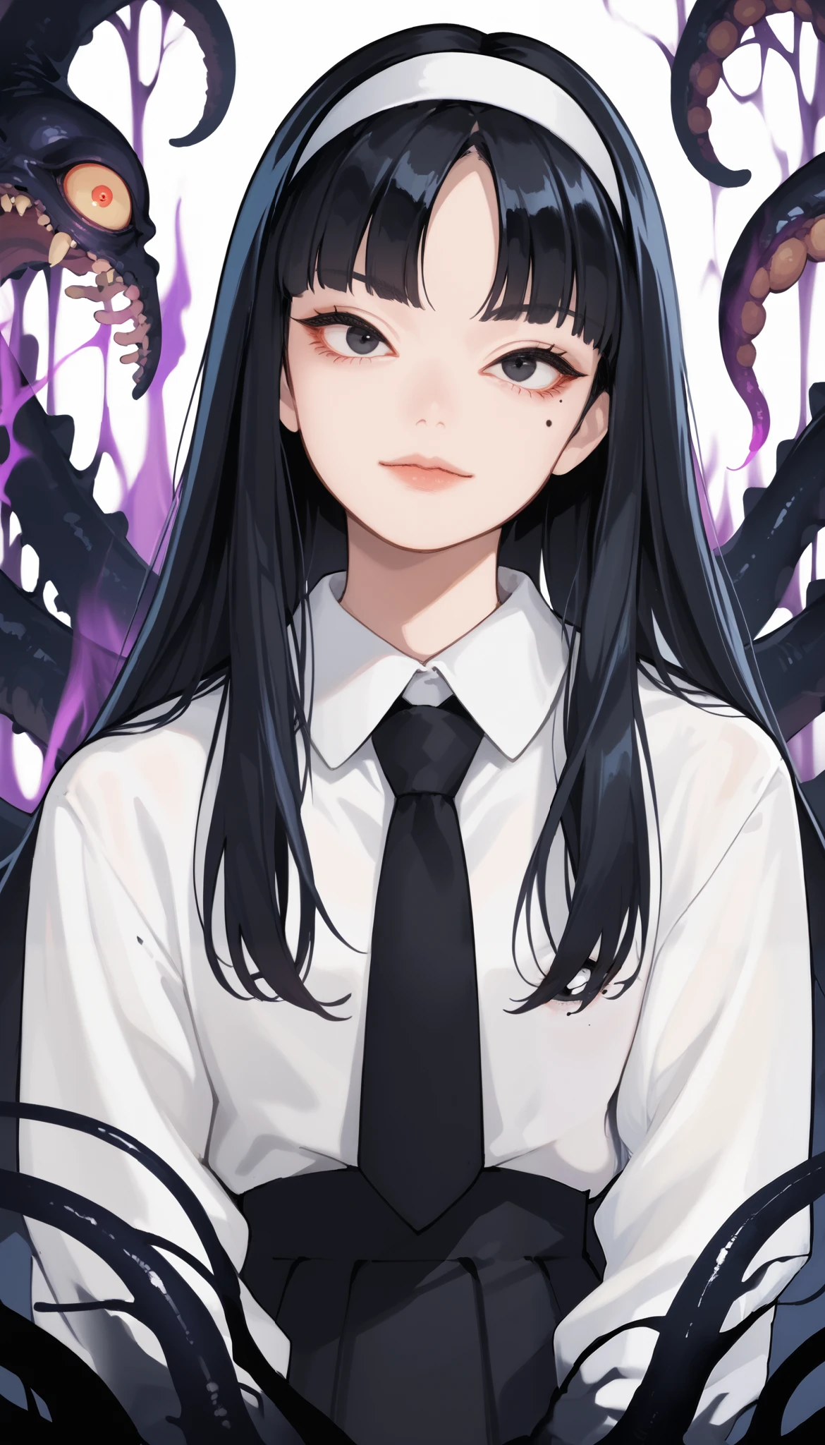 Score_9, score_8_up, score_7_up, score_6_up, source_anime, rating:general, 1girl, gothic girl, pale white skin, black eyes, black hair, long hair, blunt bangs, parted bangs, white hairband, mole under left eye, portrait, white shirt, black tie, school uniform, head tilt, sultry look, mysterious, 8k quality, vivid colors, perfect lighting, perfect shadowing, SmokeyAura, Aura, Smoke, eldritch, lovecraftian, mysterious, facing viewer