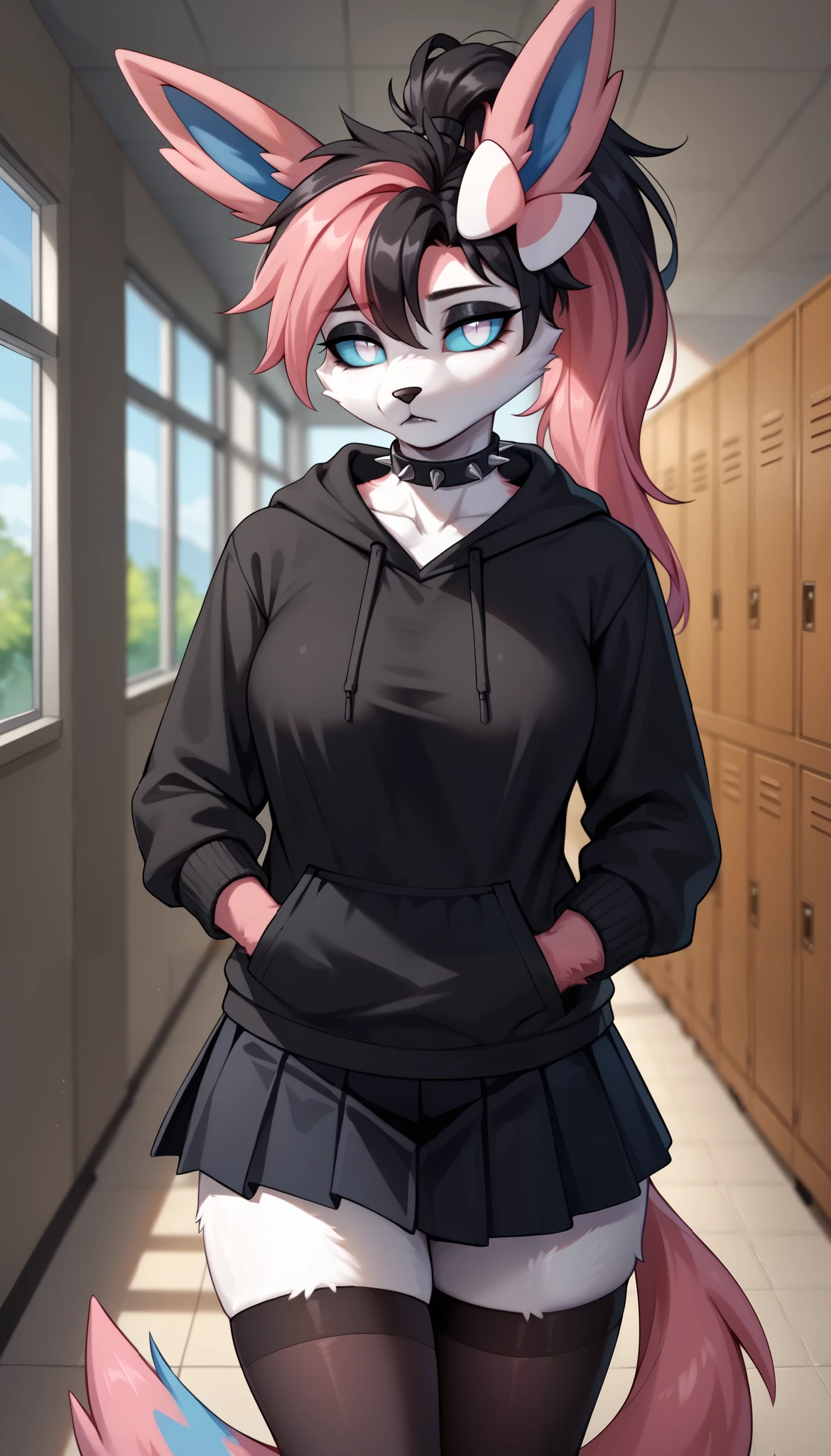 score_9, score_8_up, score_7_up, source_anime, source_furry, (beautiful, detailed background, digital artwork, digital art, well shaded artwork, depth, detailed artwork)1.2, 1girl, female, furry, anthro, Sylveon, school setting, school hallway, locker, medium breasts, natural breasts, thighs, black hair, (pink highlights), long hair, messy hair, white eyes, cyan sclera, black oversize hoodie, (black stockings with white stripes), black spiked wristband, black spiked choker, black skirt, emo girl, tired eyes, depressed, black eyeshadow, black lips, ponytail, sunset, hands in both pockets, looking at the viewer, head tilt, indifferent, apathetic expression, half-closed eyes, Sylveon tail