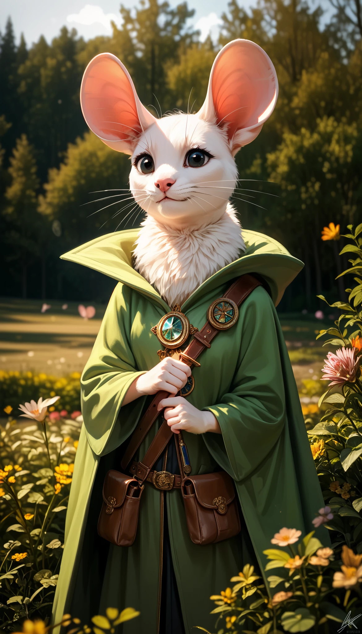 a highly detailed, photorealistic, 1 white mouse, solo, white fur, black eyes, wearing a green hooded cloak, belt with pouch, holding a rapier sword, cute, small, (best quality,4k,8k,highres,masterpiece:1.2),ultra-detailed,(realistic,photorealistic,photo-realistic:1.37),intricate details,soft lighting,natural environment