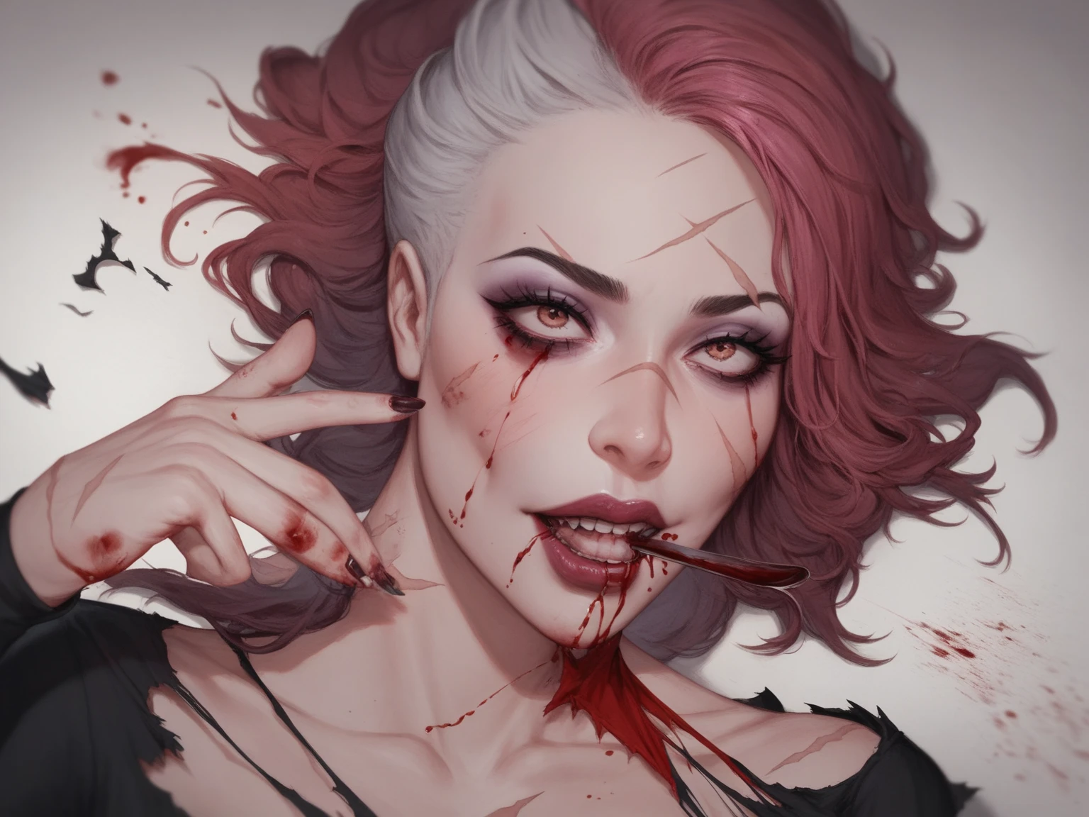 High Quality, Realistic, Real, Background (Beautiful Rose Field), Eyeball Eating Woman, Crazy Laughter, Bloodshed, Hell