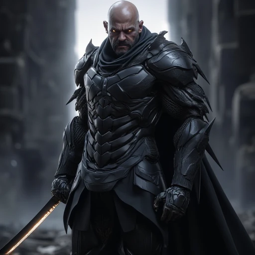 A white bald man with black armor and a long sword.