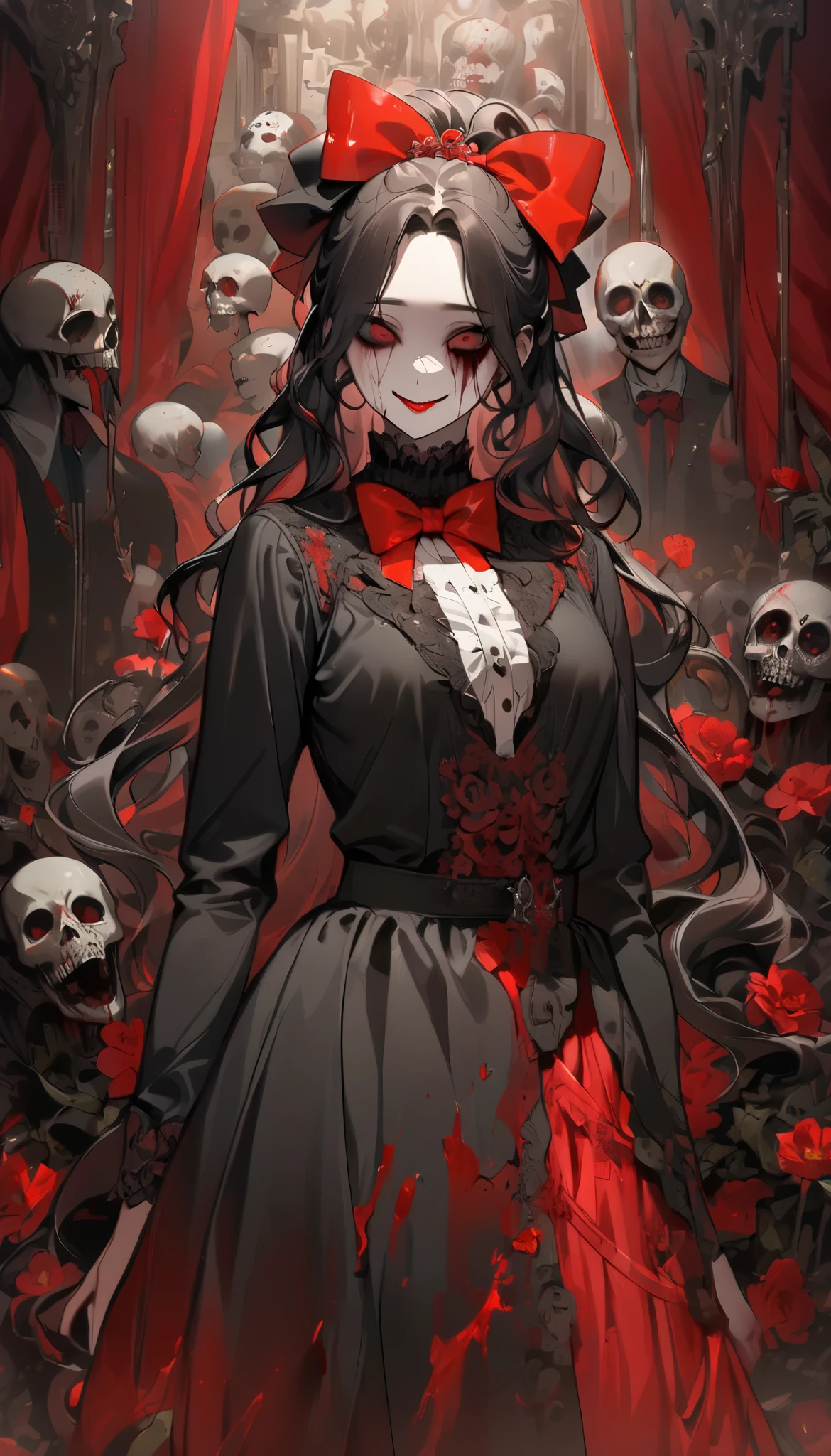  masterpiece,  better quality,  intricately detailed ,  A woman ,  beautiful, elegant, smile, blood, IrIdescent long haIr, blows, bow, hair bow, skirt, shirt,  long sleeves, Ornaments,  Shoes, bowtie, (red and black:1.4), flower, creepy, horror, calaveras