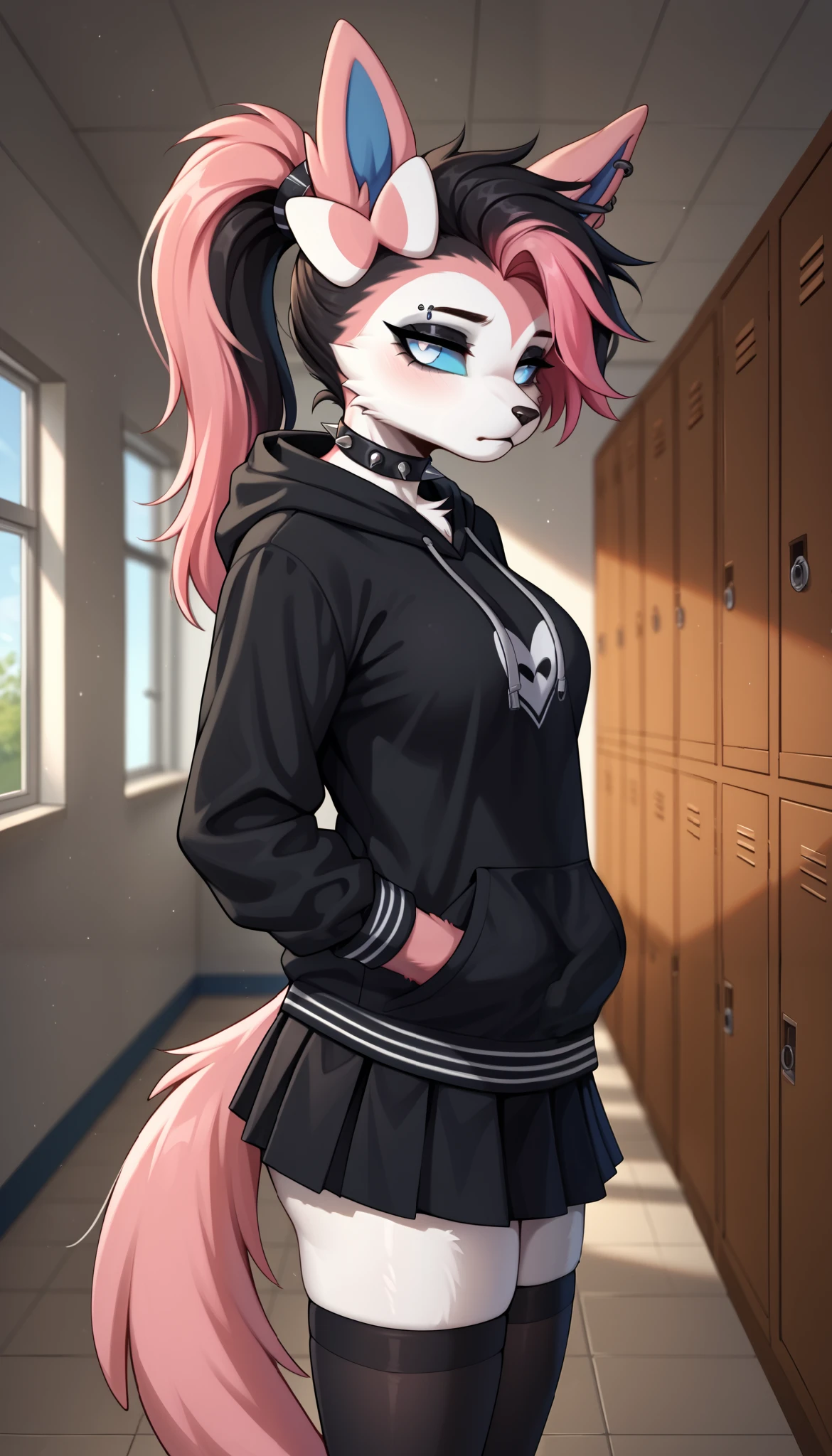 score_9, score_8_up, score_7_up, source_anime, source_furry, (beautiful, detailed background, digital artwork, digital art, well shaded artwork, depth, detailed artwork)1.2, 1girl, female, furry, anthro, Sylveon, school setting, school hallway, locker, medium breasts, natural breasts, thighs, black hair, (pink highlights), long hair, messy hair, white eyes, cyan sclera, black oversize hoodie, (black stockings with white stripes), black spiked wristband, black spiked choker, black skirt, tired eyes, depressed, black eyeshadow, black lips, ponytail, sunset, hands in both pockets, side view, looking at the viewer, head tilt, indifferent, apathetic expression, half-closed eyes, Sylveon tail, (emo), (emo hairstyle), (emo haircut), emotionless