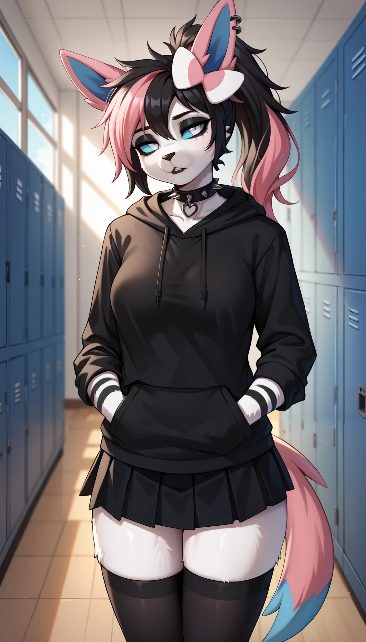 score_9, score_8_up, score_7_up, source_anime, source_furry, (beautiful, detailed background, digital artwork, digital art, well shaded artwork, depth, detailed artwork)1.2, 1girl, female, furry, anthro, Sylveon, school setting, school hallway, locker, medium breasts, natural breasts, thighs, black hair, (pink highlights), long hair, messy hair, white eyes, cyan sclera, black oversize hoodie, (black stockings with white stripes), black spiked wristband, black spiked choker, black skirt, tired eyes, depressed, black eyeshadow, black lips, ponytail, sunset, hands in both pockets, looking at the viewer, head tilt, indifferent, apathetic expression, half-closed eyes, Sylveon tail, (emo), (emo hairstyle), (emo haircut), emotionless