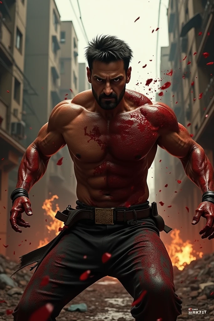 (photorealism:1.2), Honor of King character, Lam is shirtless and feel so tired after the great war in a final ranking match sitting tiredly with blood on his hand and his beautiful body.