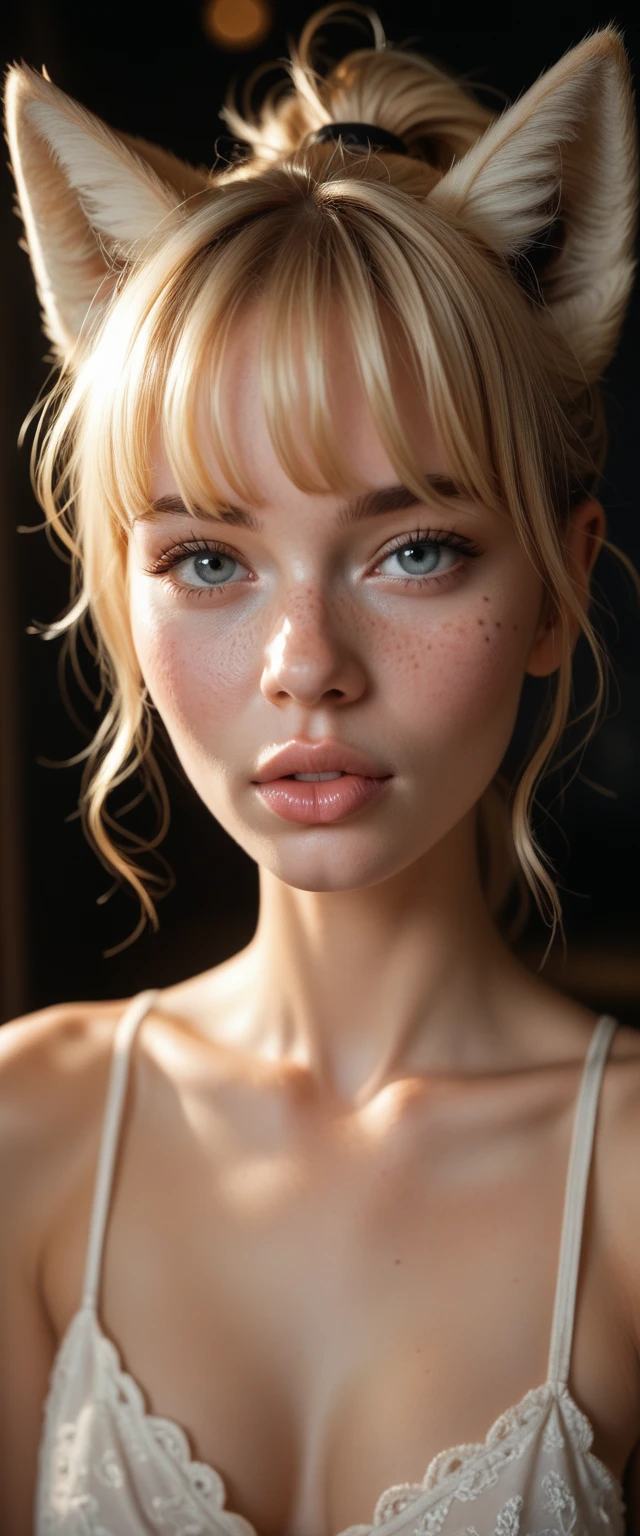 1girl, solo, pov, cute swedish blonde woman, messy ponytail, bangs, dimples, freckles, lean in for kiss, lean toward viewer, soft lips, eyes half lidded, relaxed, evening, dark room, low lighting, dark outside, warm, kitsune, full body shot, fox ears, fox tail