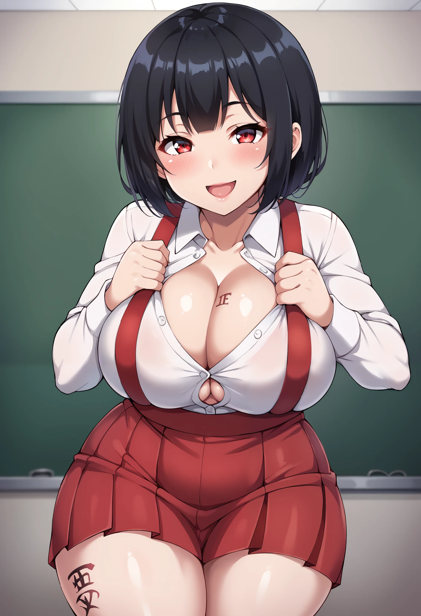 score_9, score_8_up, score_7_up, , shiny skin:0.1, source_anime , deep skin,, high quality, highres, , 1girl, (curvy), ((wide hips)), perky breasts, thick thighs, cute, , sexy, Hanako-san, black hair, short hair, red eyes, pale skin, school uniform, white shirt, collared shirt, long sleeves, red skirt, suspenders, big breasts, solo,1girl,bangs,solo,blush,skirt,black_hair,breasts,cleavage,open_mouth,eyebrows_visible_through_hair,short_hair,smile,red_eyes,looking_at_viewer,huge_breasts,thighs,shirt,pleated_skirt,white_shirt,miniskirt,curvy,thick_thighs,tattoo,naughty_face,collared_shirt,bursting_breasts,red_skirt,wide_hips,tally,suspenders,suspender_skirt,leg_tattoo,button_gap,(((Semen drips down her thighs from her miniskirt)),The number of times she has been creampied is written on her thighs. She has a *********, a plump figure, and an adult body, but her height is quite small.oppai loli