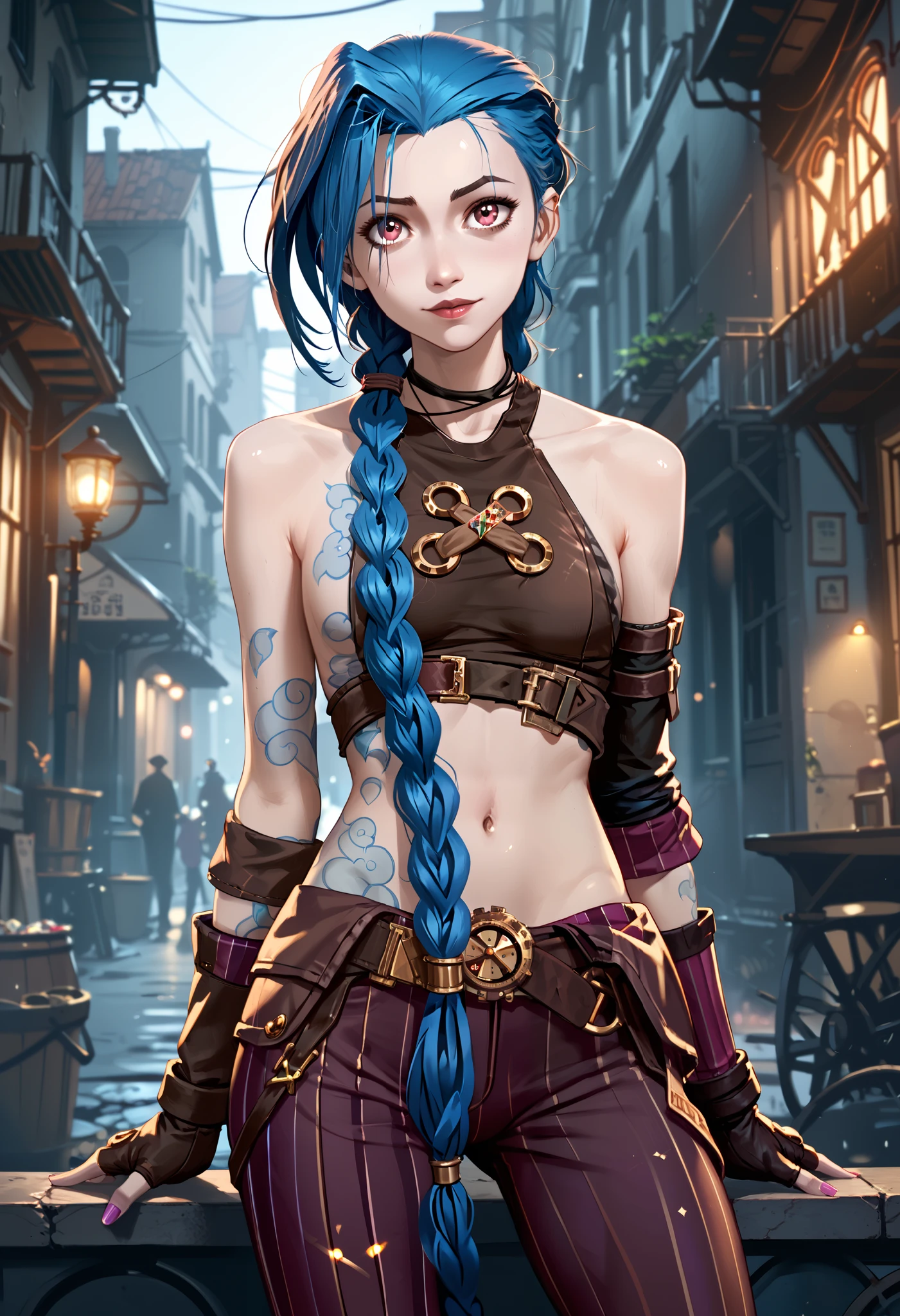 1girl, jinx, solo, blue hair, long hair, long braid, violet eyes, small breasts, slim figure, brown top, bare shoulders, bare belly, brown armguards, brown fingerless gloves, ragged pants, steampunk boots, bright colors, beautiful colors, dark alley, violet theme, masterpiece, best quality, good quality, newest, ultra quality, high detailed