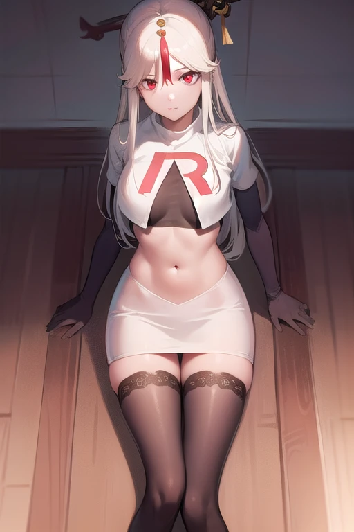 (masterpiece, best quality:1.2),illustration,8k,hd,1girl,solo,long_hair,hat,white hat,white_hair,peaked_cap,purple_eyes,breasts,shirt,very_long_hair,large_breasts,zettai_ryouiki,military_hat,bangs,hair_between_eyes,team rocket,team rocket uniform,white skirt,red letter R,crop top,black thigh-highs,black elbow gloves,blush,