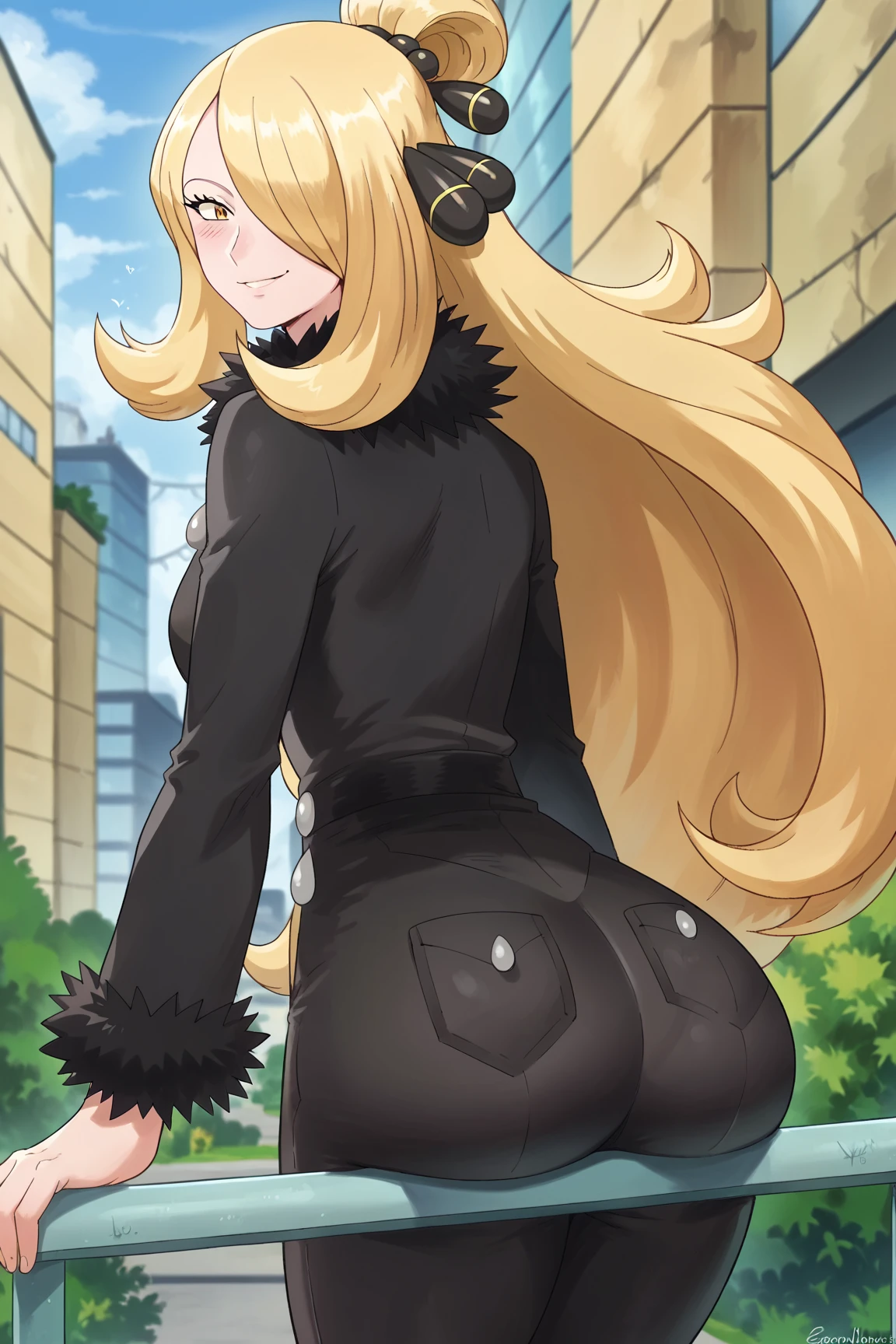 score_9, score_8_up, score_7_up, source_anime,
pokemoncynthia, pokemoncynthia, blonde hair, hair ornament, hair over one eye, long hair, yellow eyes,
black coat, black pants, black shirt, coat, fur collar, fur trim, fur-trimmed sleeves, pants, shirt,
outdoors, cityscape, bent over, smile, blush,
looking at viewer, from behind, big butt