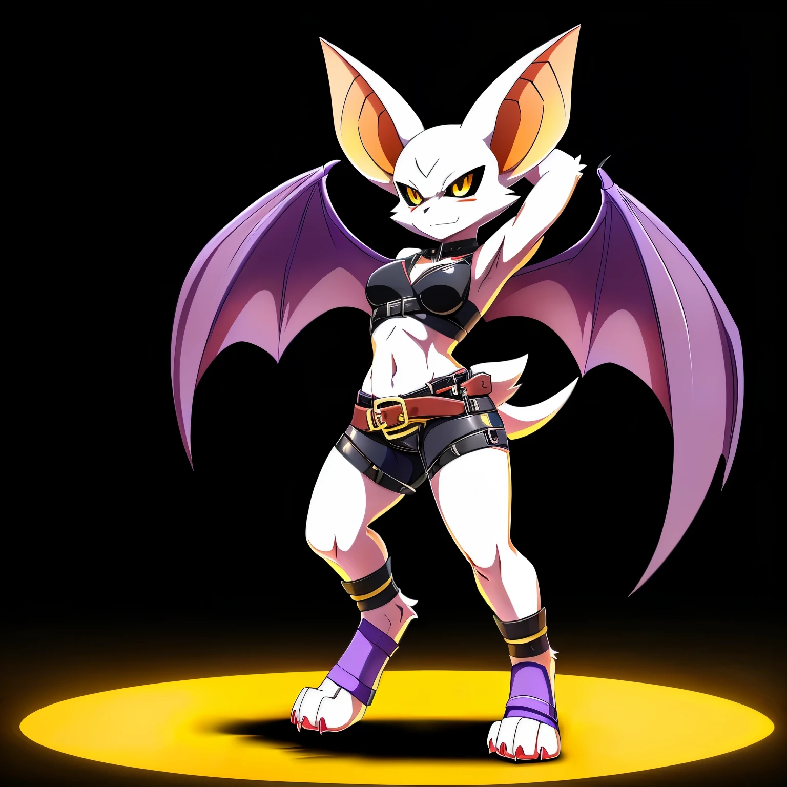 SFW version, anime, anime style, solo drawing, action pose, dynamic pose, full body picture, Anthro bat character, ((tall character)), ((Fit figure)), ((white skin)), clawed hands, ((clawed feet)), ((huge bat wings)), ((Purple Bat Wings)), ((white bat ears)), exposed belly, ((wearing belts on arms)), ((wearing belts around calves)), ((wearing belts around thighs)), sexy outfit, black clothes, ((white face)), neutral expression, bright yellow eyes, ((digitigrade legs)), ((digitigrade feet)), solid black background, highly detailed anime style, clean lines, beautiful demoness, female demon, gorgeous demon girl, attractive bat girl, ((hourglass figure)), short muzzle, furry cheeks, furry muzzle