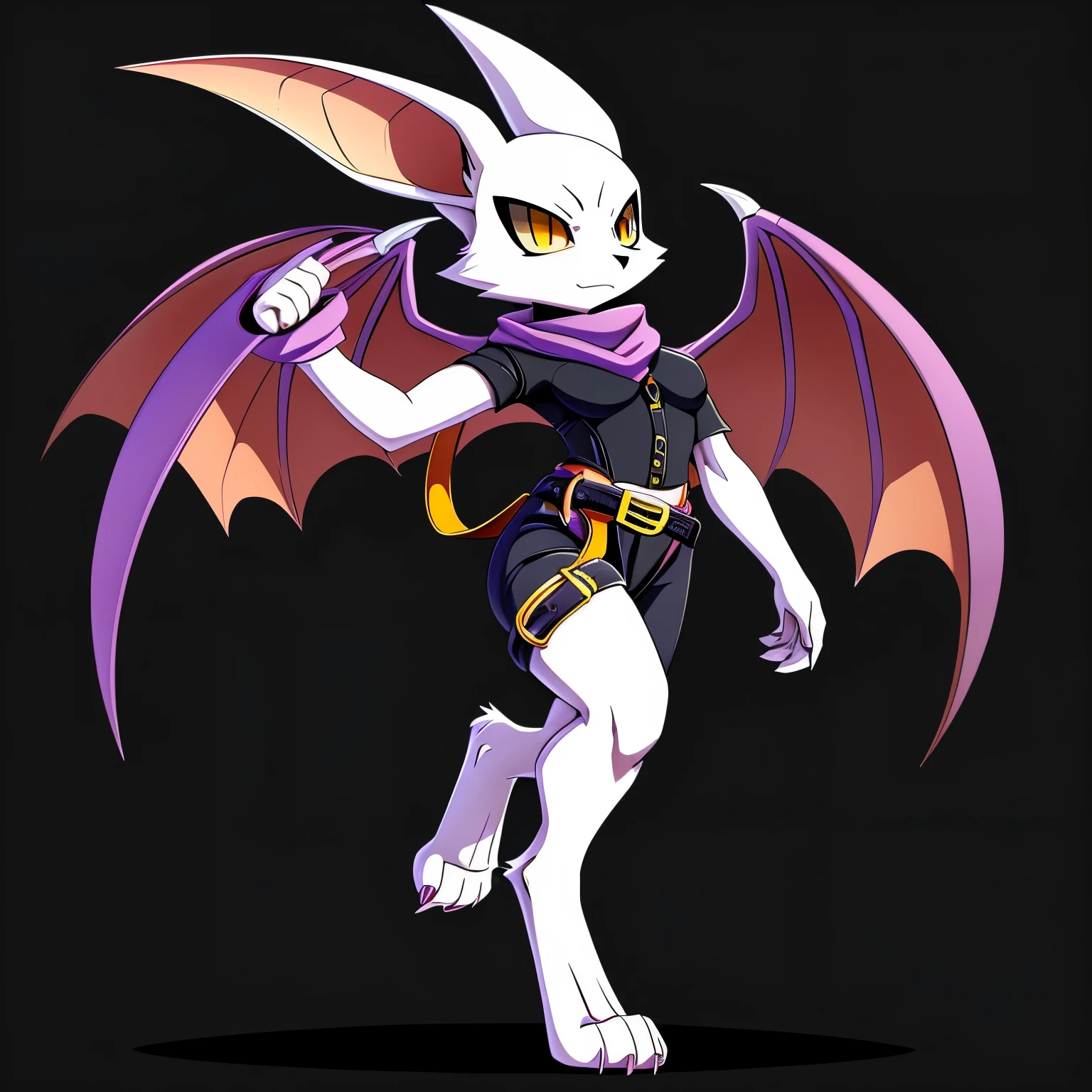 SFW version, anime, anime style, solo drawing, action pose, dynamic pose, full body picture, Anthro bat character, ((tall character)), ((Fit figure)), ((white skin)), clawed hands, ((clawed feet)), ((huge bat wings)), ((Purple Bat Wings)), ((white bat ears)), exposed belly, ((wearing belts on arms)), ((wearing belts around calves)), ((wearing belts around thighs)), sexy outfit, black clothes, ((white face)), neutral expression, bright yellow eyes, ((digitigrade legs)), ((digitigrade feet)), solid black background, highly detailed anime style, clean lines, beautiful demoness, female demon, gorgeous demon girl, attractive bat girl, ((hourglass figure)), short muzzle, furry cheeks, furry muzzle