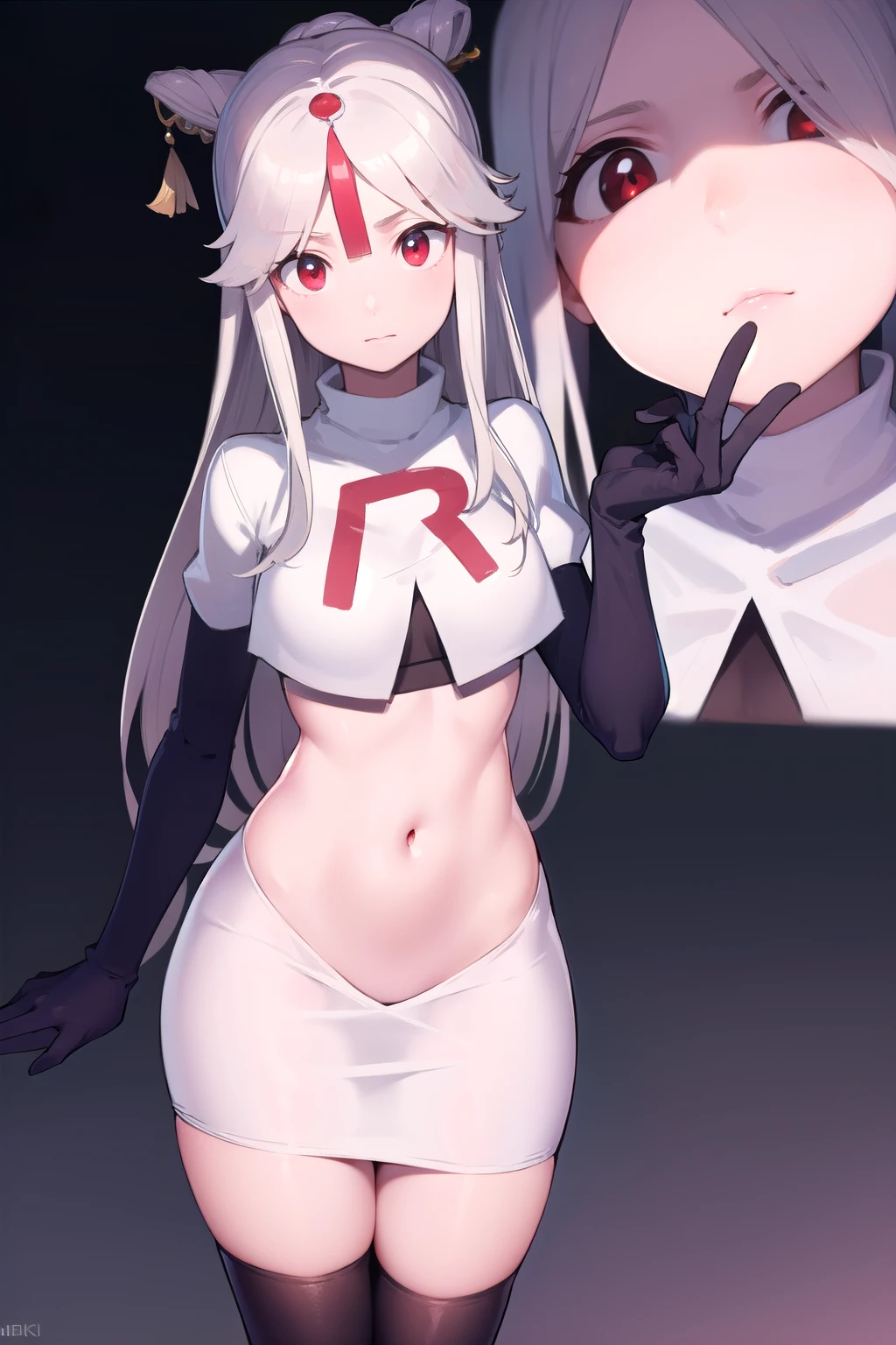 ningguang, ningguang, grey hair, hair ornament, hairpin, long hair, parted bangs, (red eyes:1.5), sidelocks, streaked hair, red hair,
BREAK jewelry, team rocket,team rocket uniform,white skirt,red letter R,crop top,black thigh-highs,black elbow gloves,
BREAK looking at viewer, cowboy shot,
BREAK (masterpiece:1.2), best quality, high resolution, unity 8k wallpaper, (illustration:0.8), (beautiful detailed eyes:1.6), extremely detailed face, perfect lighting, extremely detailed CG, (perfect hands, perfect anatomy),