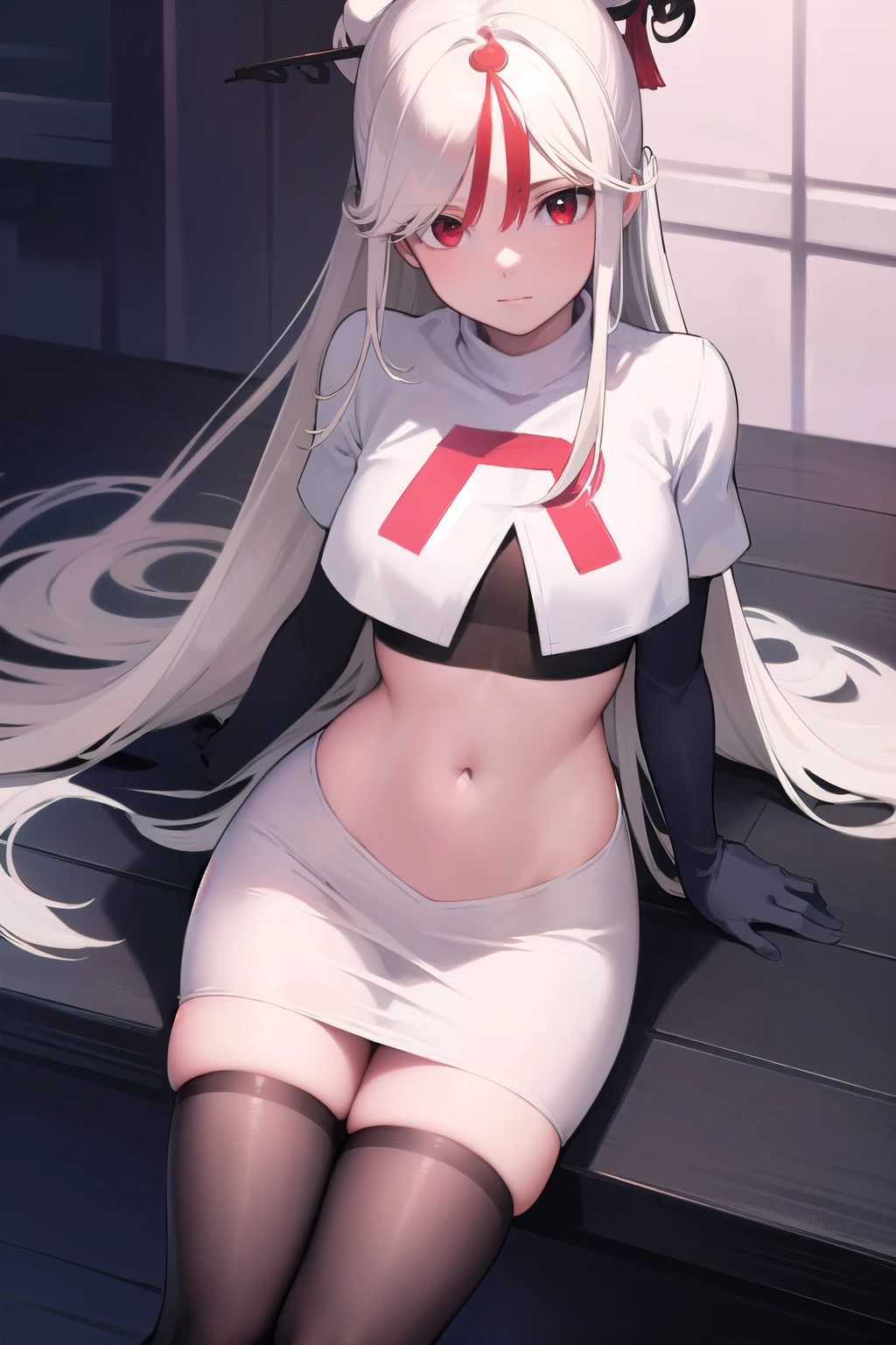 ningguang, ningguang, grey hair, hair ornament, hairpin, long hair, parted bangs, (red eyes:1.5), sidelocks, streaked hair, red hair,
BREAK jewelry, team rocket,team rocket uniform,white skirt,red letter R,crop top,black thigh-highs,black elbow gloves,
BREAK looking at viewer, cowboy shot,
BREAK (masterpiece:1.2), best quality, high resolution, unity 8k wallpaper, (illustration:0.8), (beautiful detailed eyes:1.6), extremely detailed face, perfect lighting, extremely detailed CG, (perfect hands, perfect anatomy),