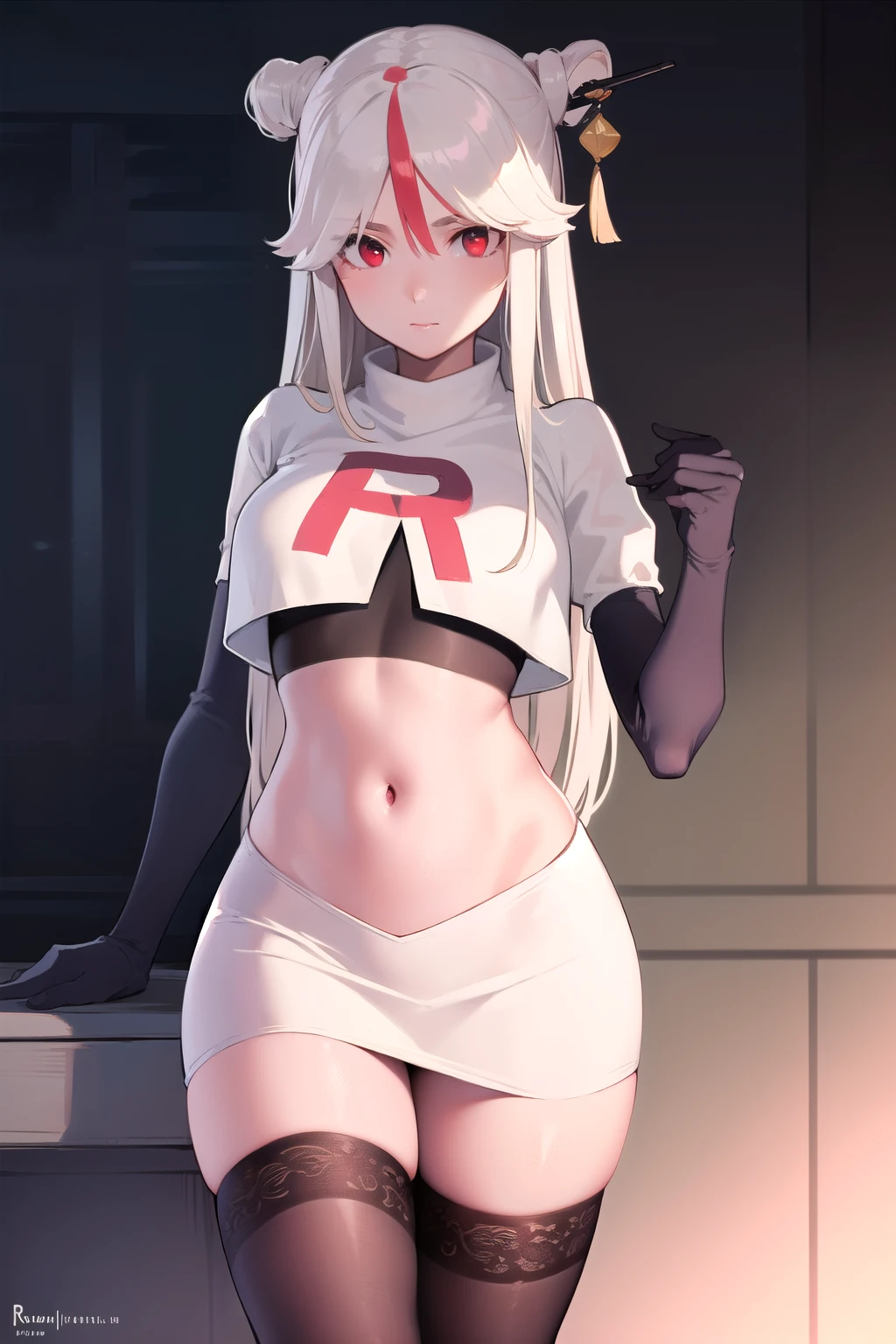 ningguang, ningguang, grey hair, hair ornament, hairpin, long hair, parted bangs, (red eyes:1.5), sidelocks, streaked hair, red hair,
BREAK jewelry, team rocket,team rocket uniform,white skirt,red letter R,crop top,black thigh-highs,black elbow gloves,
BREAK looking at viewer, cowboy shot,
BREAK (masterpiece:1.2), best quality, high resolution, unity 8k wallpaper, (illustration:0.8), (beautiful detailed eyes:1.6), extremely detailed face, perfect lighting, extremely detailed CG, (perfect hands, perfect anatomy),