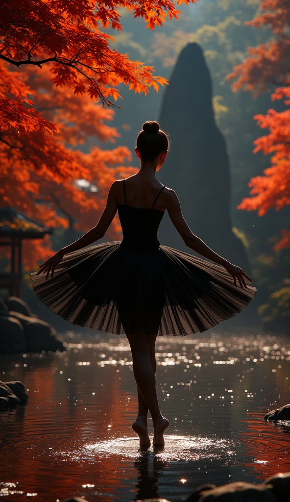 Highest quality, Realistic, Photo Realistic, Award-winning photography, Sharp focus, cinematic lighting, light particles, 

((Dark night)), 
(Gardens of old Japanese temples), 
(Fiery vibrant autumn leaves illuminated by the lights), 
(Fiery autumn leaves reflected in the pond), 
(Karesansui rock silhouette:), 

((Silhouette of A prima donna girl dances gracefully)), 
(ballet Black Swan Lake), (legs up), 

(beautiful feet), (Ballet Pointe Shoes), 
(A large black tutu), (from side)