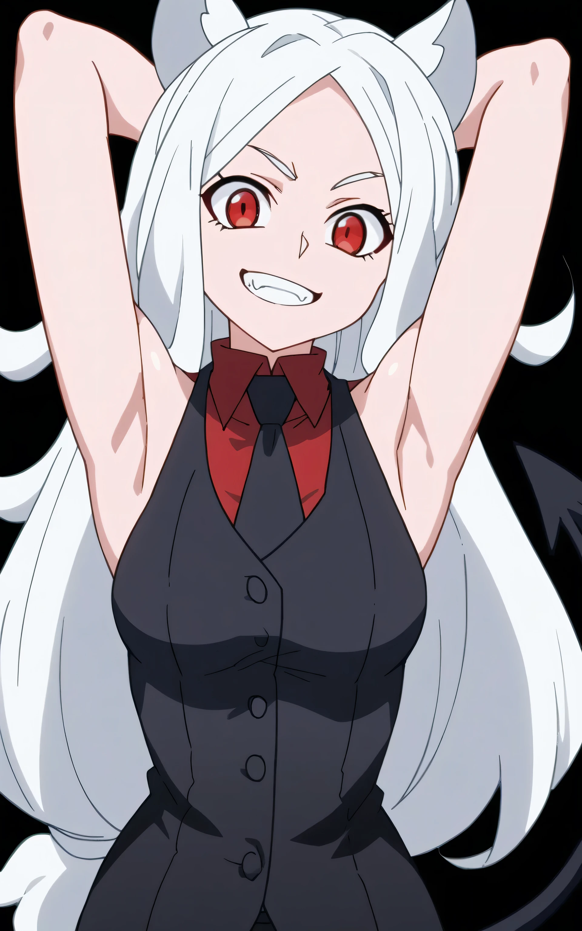 score_9, score_8_up, score_7_up, source_anime, anime screencap, 1girl, solo, cerberus \(helltaker\), white hair, long hair, red eyes, dog ears, demon tail, red shirt, sleeveless, black necktie, black vest, arms behind head, bare shoulders, bare arms, armpits, looking at viewer, head towards viewer, smile, clenched teeth, badhandv4, black background 