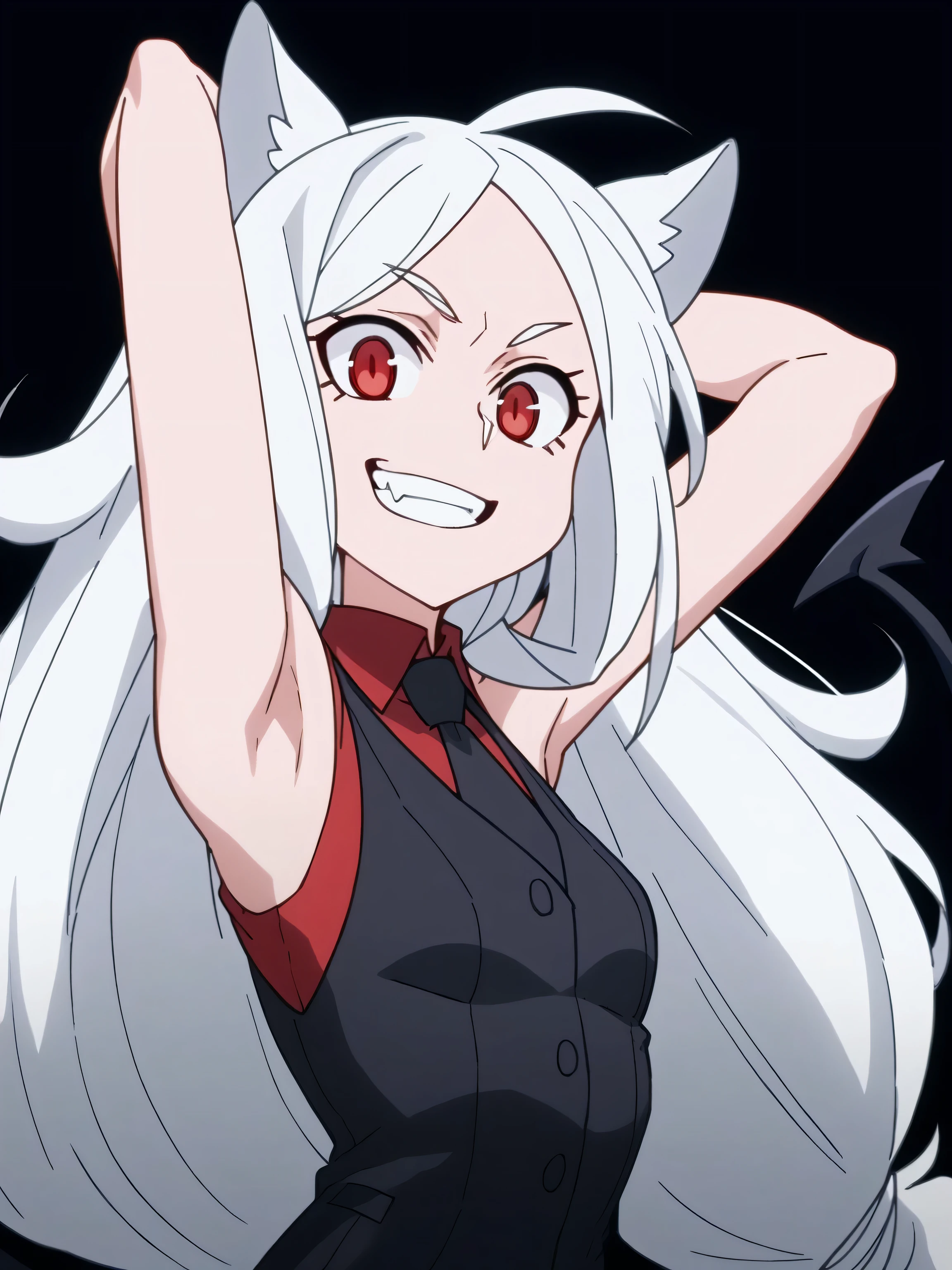 score_9, score_8_up, score_7_up, source_anime, anime screencap, 3girls, cerberus \(helltaker\), white hair, long hair, red eyes, dog ears, demon tail, red shirt, sleeveless, black necktie, black vest, arms behind head, bare shoulders, bare arms, armpits, looking at viewer, head towards viewer, smile, clenched teeth, badhandv4, black background 