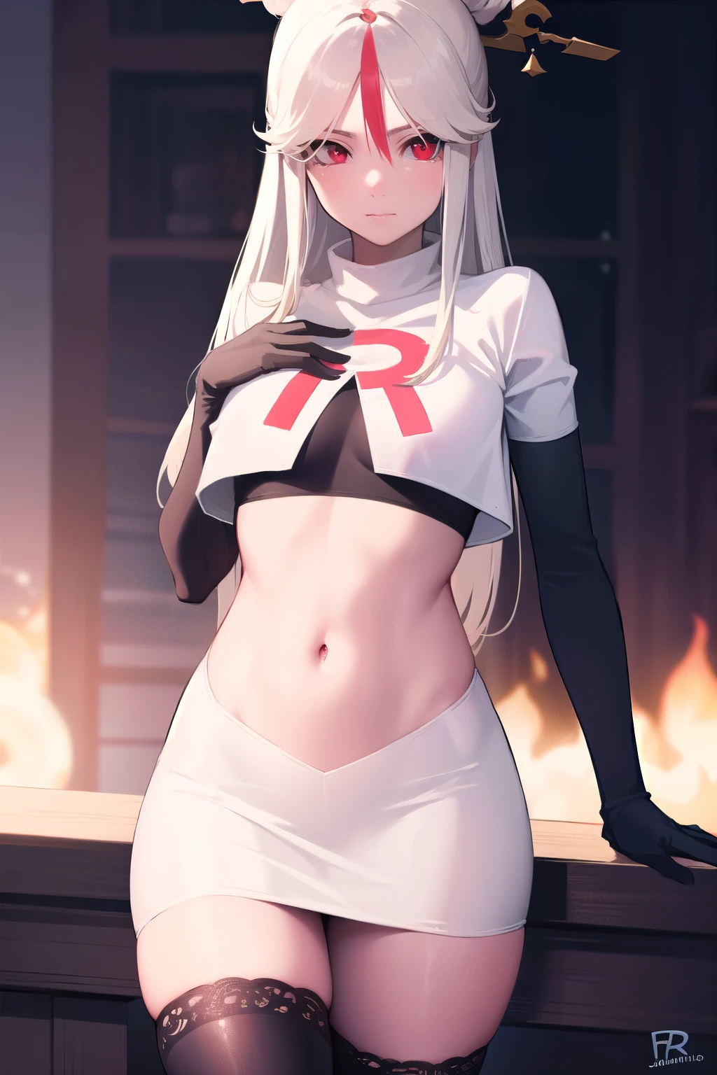 ningguang, ningguang, grey hair, hair ornament, hairpin, long hair, parted bangs, (red eyes:1.5), sidelocks, streaked hair, red hair,
BREAK jewelry, team rocket,team rocket uniform,white skirt,red letter R,crop top,black thigh-highs,black elbow gloves,
BREAK looking at viewer, cowboy shot,
BREAK (masterpiece:1.2), best quality, high resolution, unity 8k wallpaper, (illustration:0.8), (beautiful detailed eyes:1.6), extremely detailed face, perfect lighting, extremely detailed CG, (perfect hands, perfect anatomy),