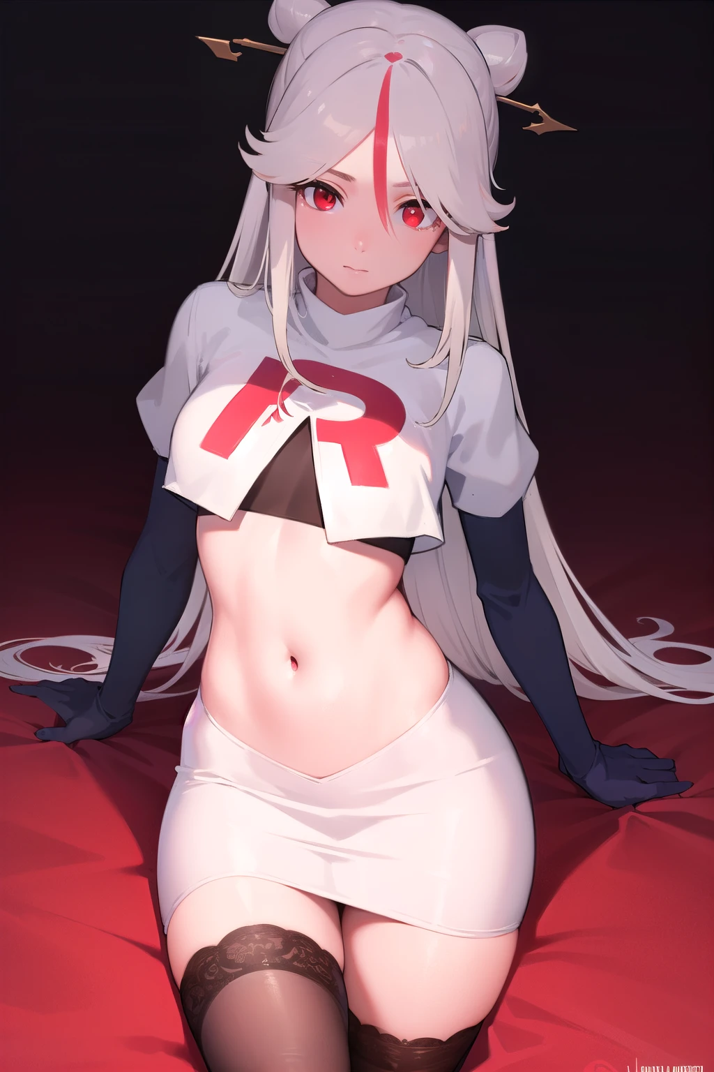 ningguang, ningguang, grey hair, hair ornament, hairpin, long hair, parted bangs, (red eyes:1.5), sidelocks, streaked hair, red hair,
BREAK jewelry, team rocket,team rocket uniform,white skirt,red letter R,crop top,black thigh-highs,black elbow gloves,
BREAK looking at viewer, cowboy shot,
BREAK (masterpiece:1.2), best quality, high resolution, unity 8k wallpaper, (illustration:0.8), (beautiful detailed eyes:1.6), extremely detailed face, perfect lighting, extremely detailed CG, (perfect hands, perfect anatomy),