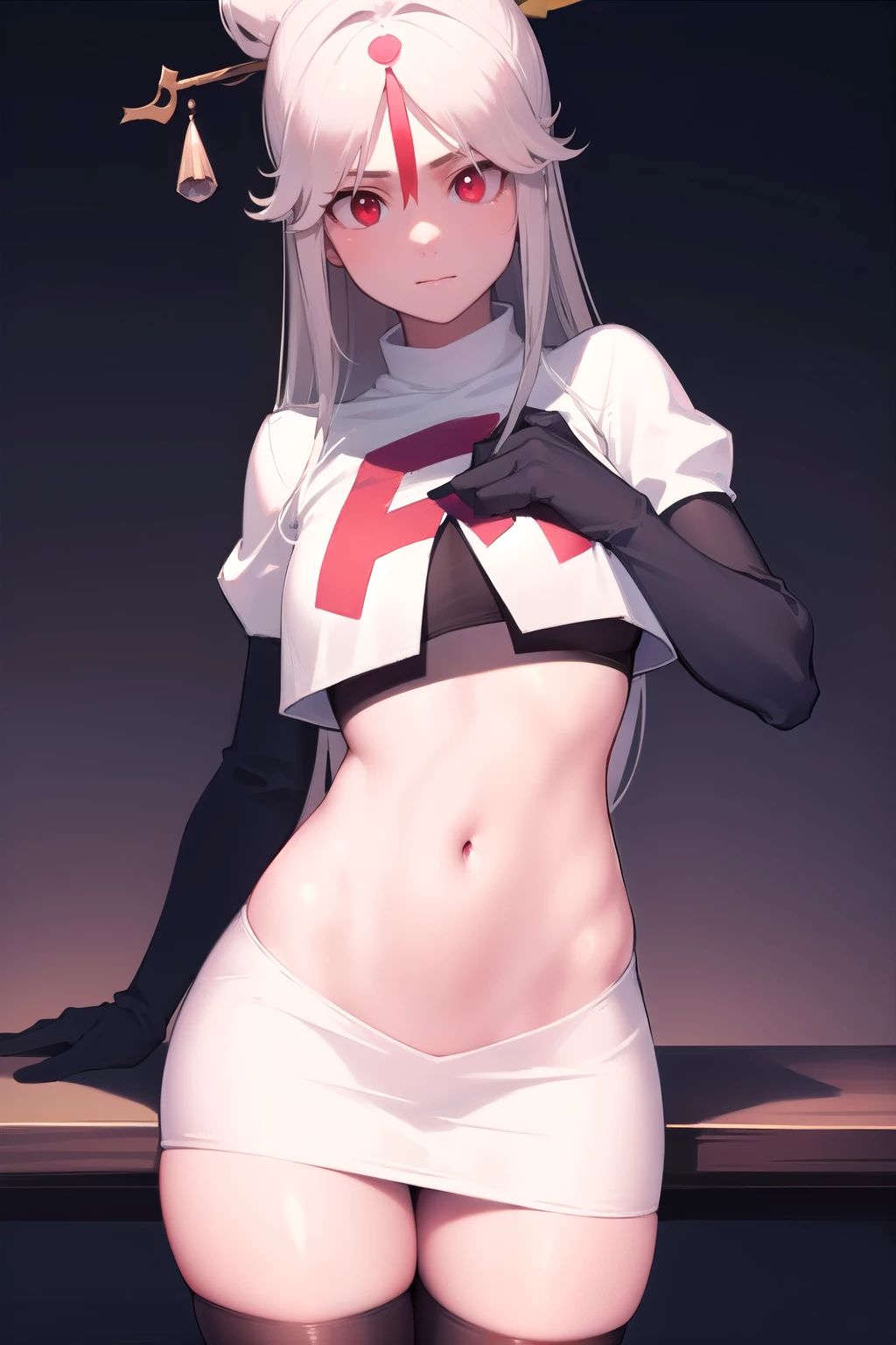 ningguang, ningguang, grey hair, hair ornament, hairpin, long hair, parted bangs, (red eyes:1.5), sidelocks, streaked hair, red hair,
BREAK jewelry, team rocket,team rocket uniform,white skirt,red letter R,crop top,black thigh-highs,black elbow gloves,
BREAK looking at viewer, cowboy shot,
BREAK (masterpiece:1.2), best quality, high resolution, unity 8k wallpaper, (illustration:0.8), (beautiful detailed eyes:1.6), extremely detailed face, perfect lighting, extremely detailed CG, (perfect hands, perfect anatomy),