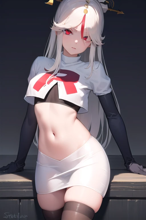 ningguang, ningguang, grey hair, hair ornament, hairpin, long hair, parted bangs, (red eyes:1.5), sidelocks, streaked hair, red hair,
BREAK jewelry, team rocket,team rocket uniform,white skirt,red letter R,crop top,black thigh-highs,black elbow gloves,
BREAK looking at viewer, cowboy shot,
BREAK (masterpiece:1.2), best quality, high resolution, unity 8k wallpaper, (illustration:0.8), (beautiful detailed eyes:1.6), extremely detailed face, perfect lighting, extremely detailed CG, (perfect hands, perfect anatomy),