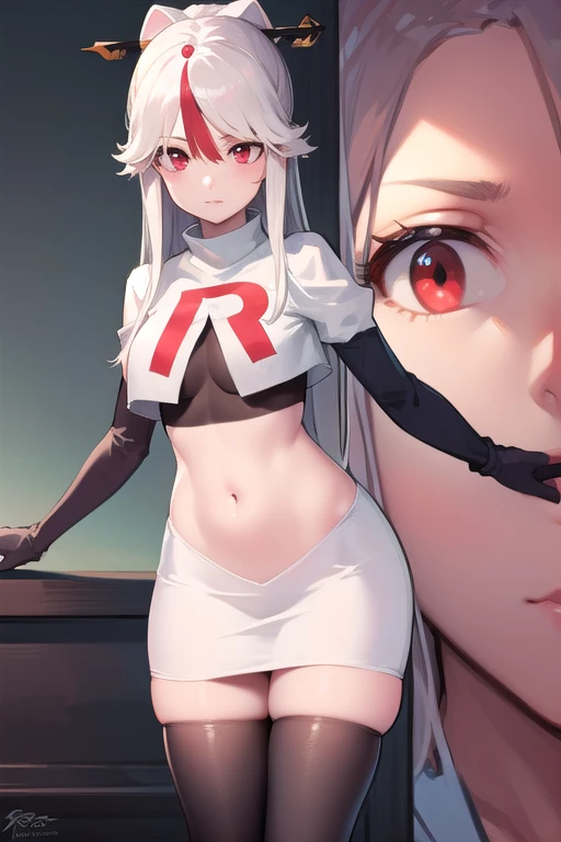 ningguang, ningguang, grey hair, hair ornament, hairpin, long hair, parted bangs, (red eyes:1.5), sidelocks, streaked hair, red hair,
BREAK jewelry, team rocket,team rocket uniform,white skirt,red letter R,crop top,black thigh-highs,black elbow gloves,
BREAK looking at viewer, cowboy shot,
BREAK (masterpiece:1.2), best quality, high resolution, unity 8k wallpaper, (illustration:0.8), (beautiful detailed eyes:1.6), extremely detailed face, perfect lighting, extremely detailed CG, (perfect hands, perfect anatomy),