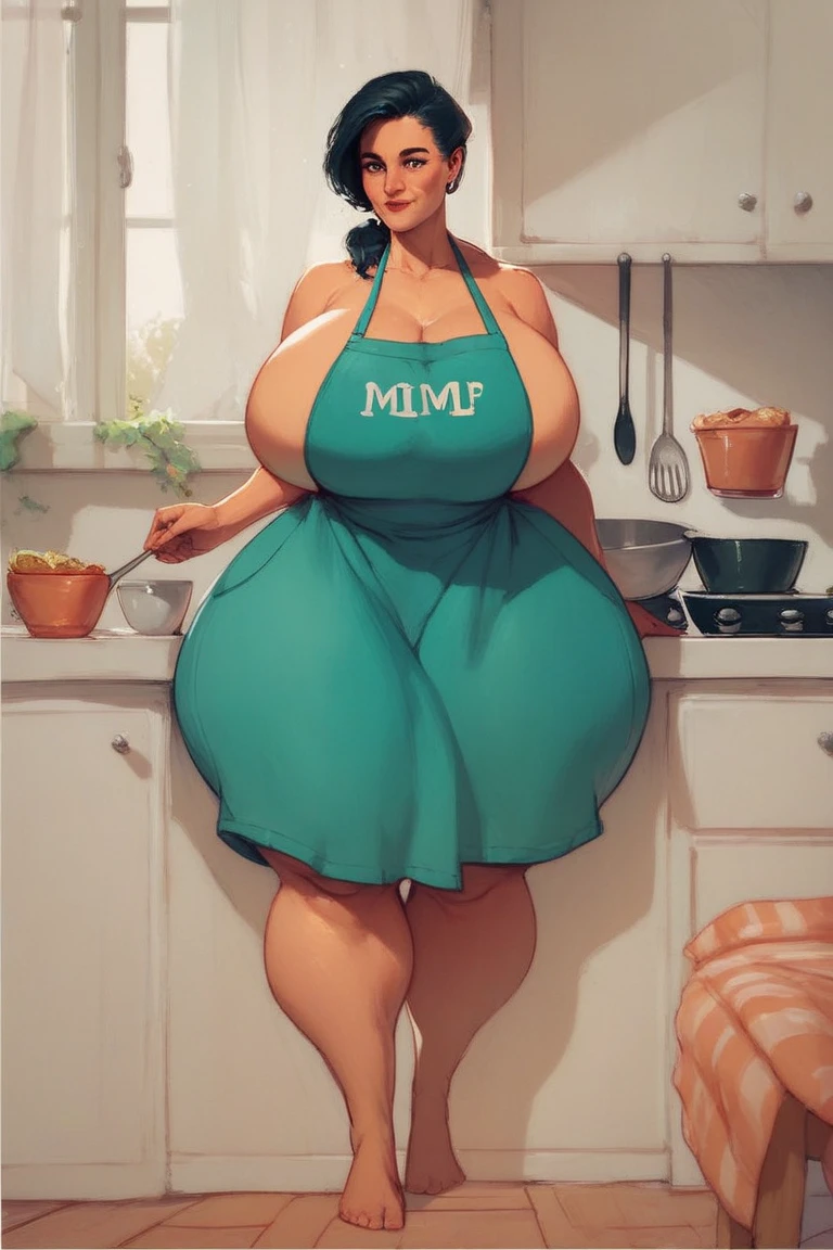 Female,milf,black hair, apron,almost naked, single ponytail,kitchen - SeaArt AI